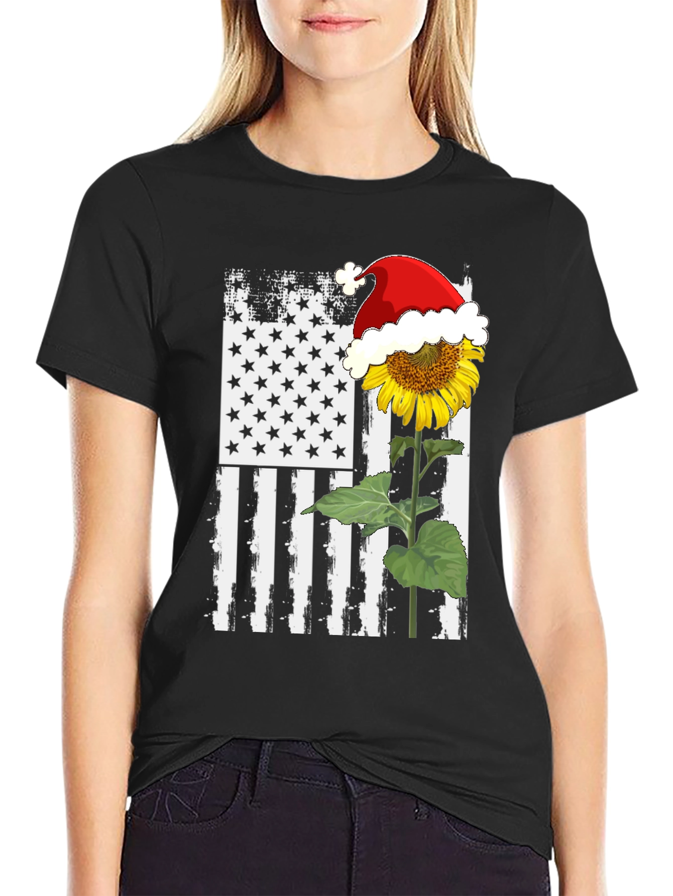 Sunflower Santa Hat USA Flag Graphic T-Shirt