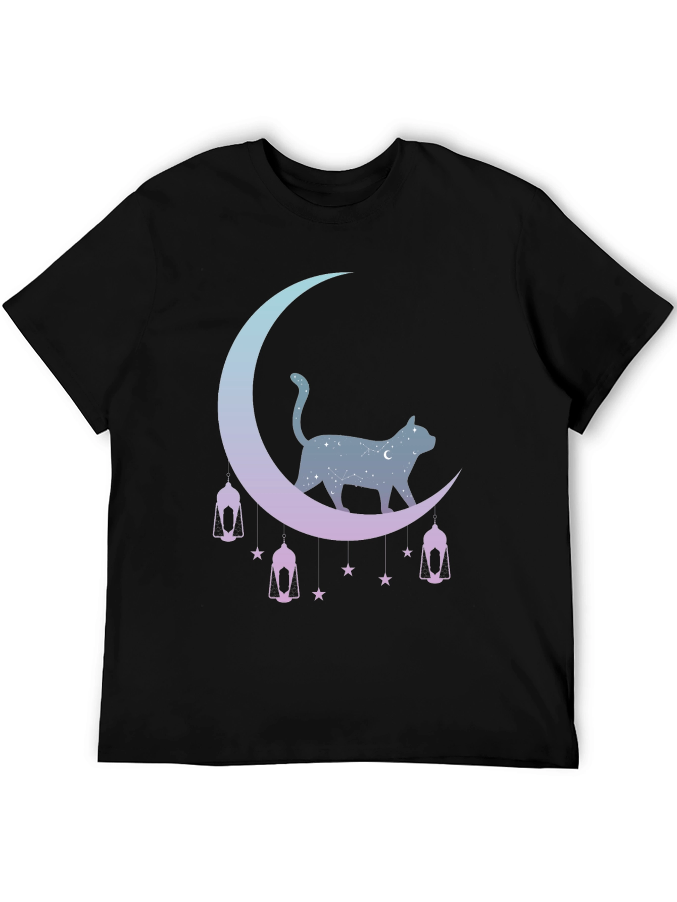 Celestial Cat Moon Graphic Tee - Black