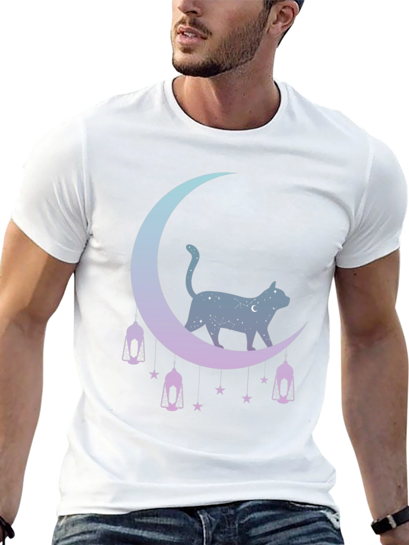 Celestial Cat Moon Graphic Tee - Black
