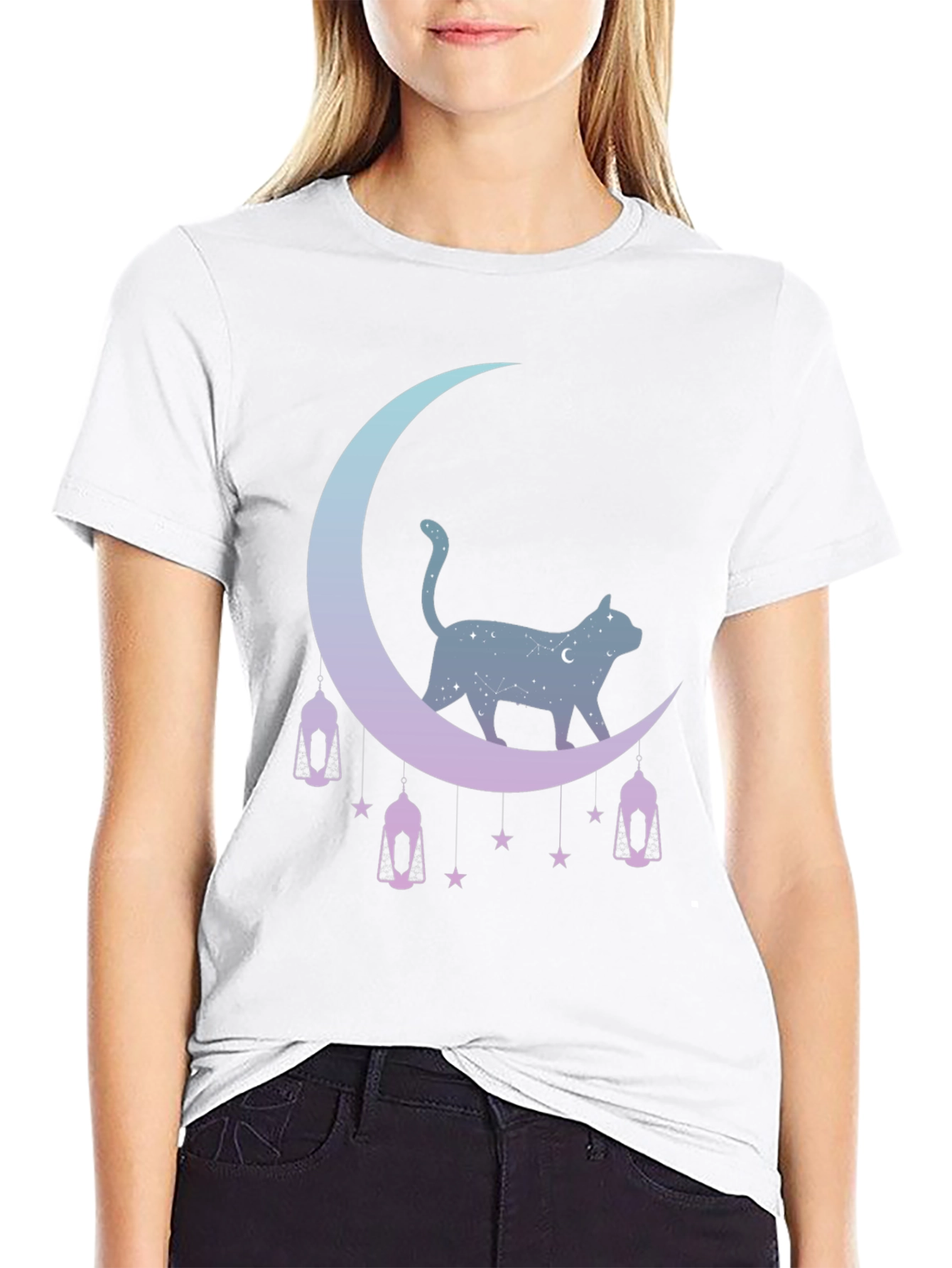 Celestial Cat Moon Graphic Tee - Black
