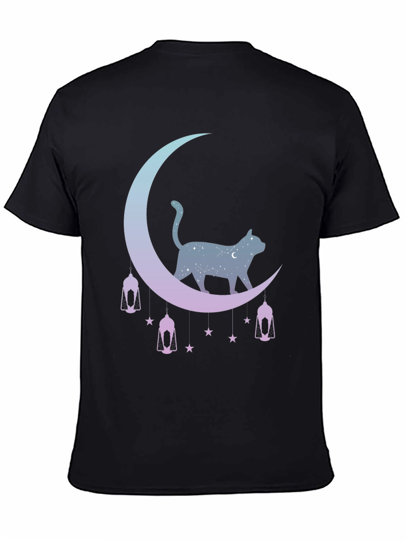 Celestial Cat Moon Graphic Tee - Black