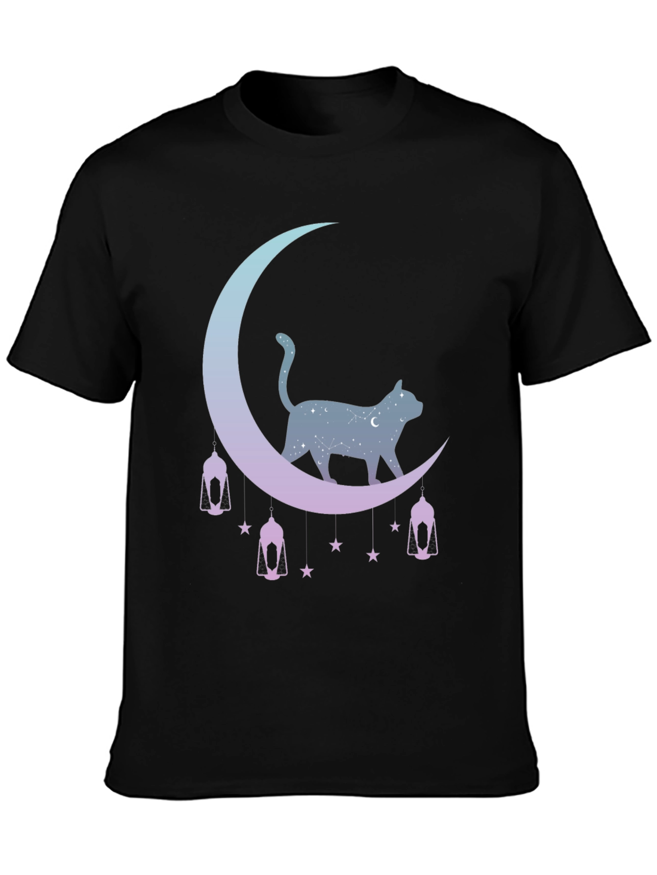 Celestial Cat Moon Graphic Tee - Black
