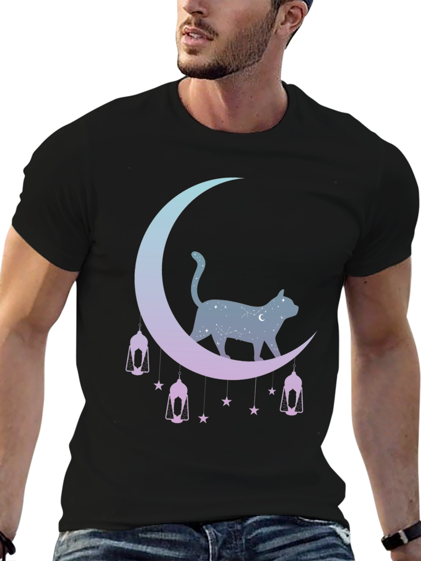 Celestial Cat Moon Graphic Tee - Black