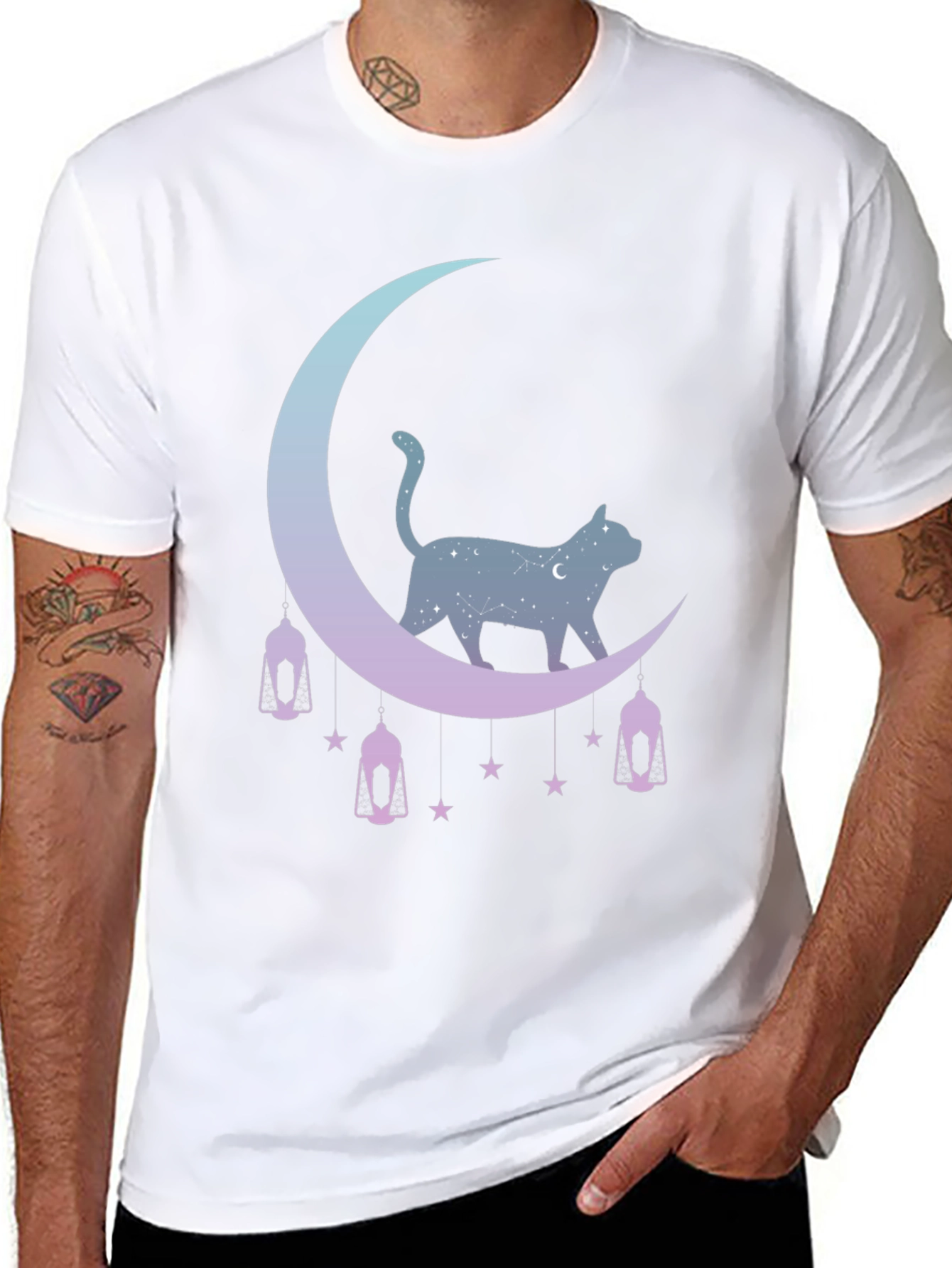 Celestial Cat Moon Graphic Tee - Black