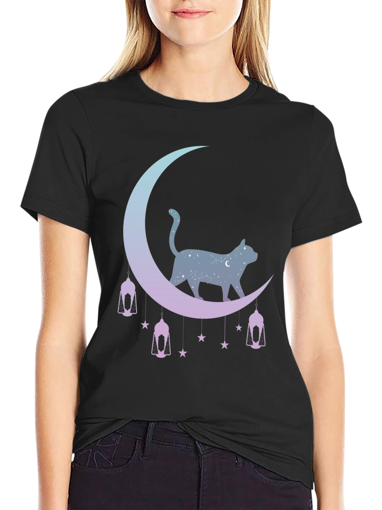 Celestial Cat Moon Graphic Tee - Black