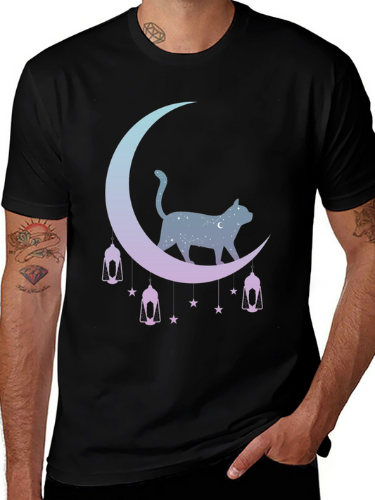 Celestial Cat Moon Graphic Tee - Black