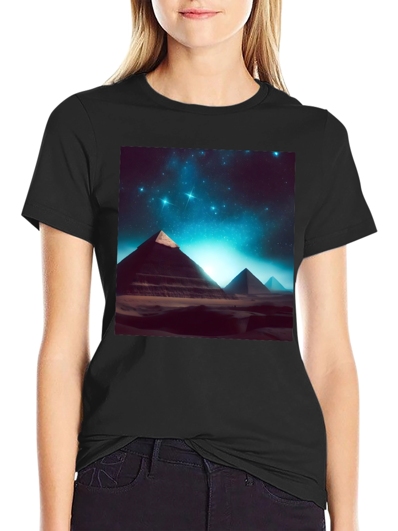 Egyptian Pyramid Starry Night Black T-Shirt