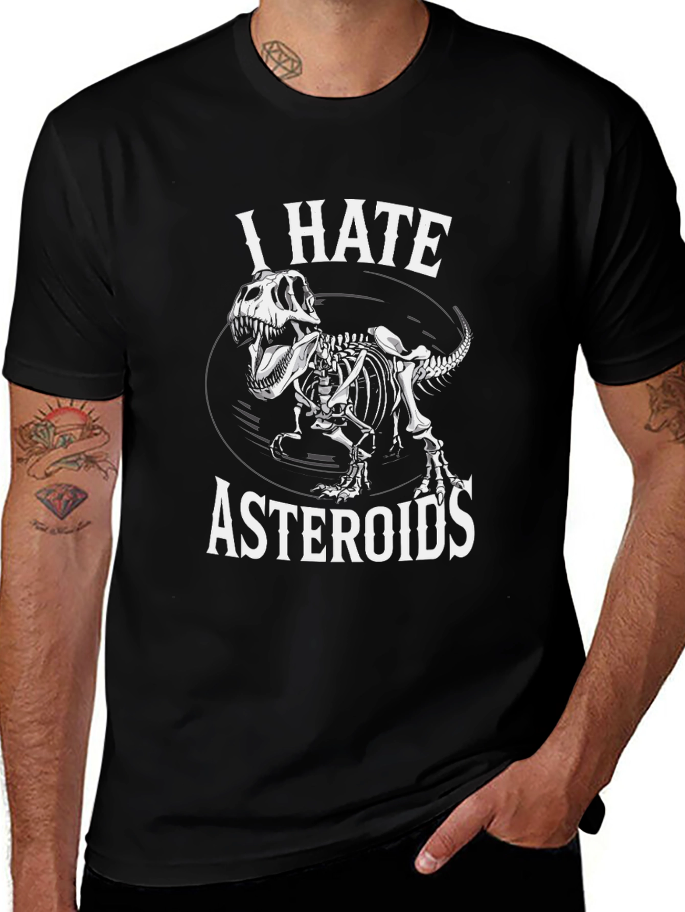 I Hate Asteroids T-Rex Skeleton Black T-Shirt