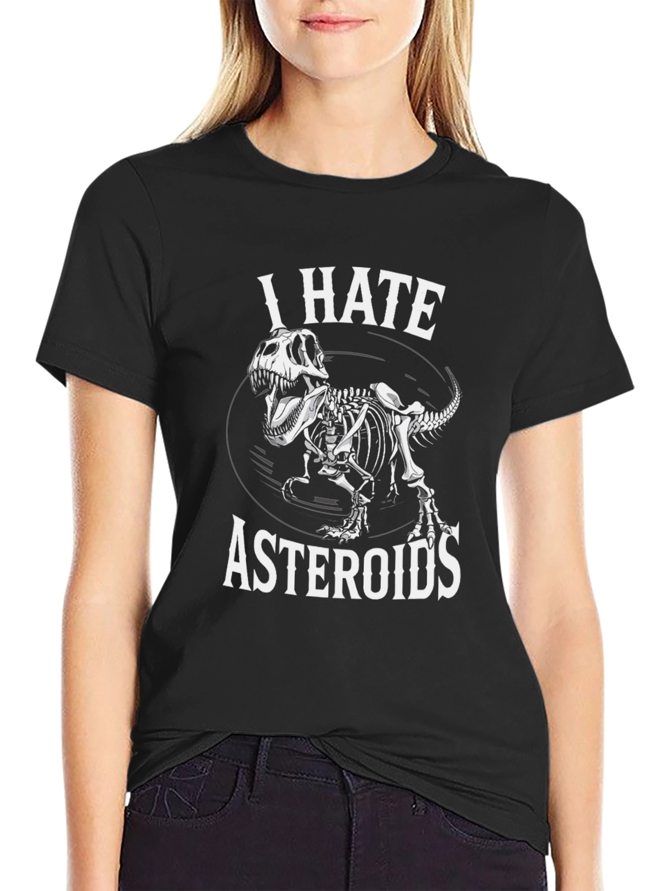 I Hate Asteroids T-Rex Skeleton Black T-Shirt