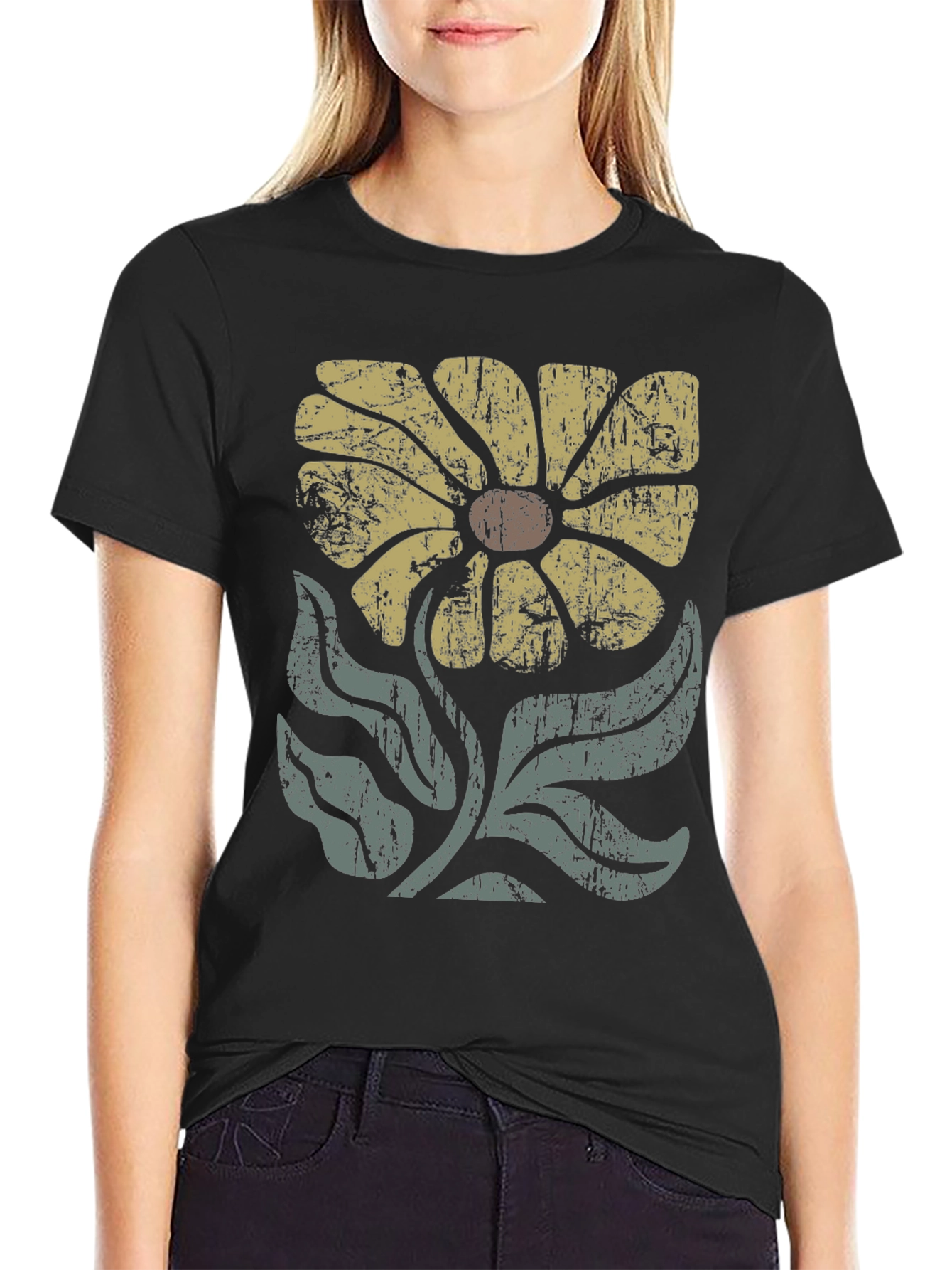 Retro Flower Graphic T-Shirt - Black
