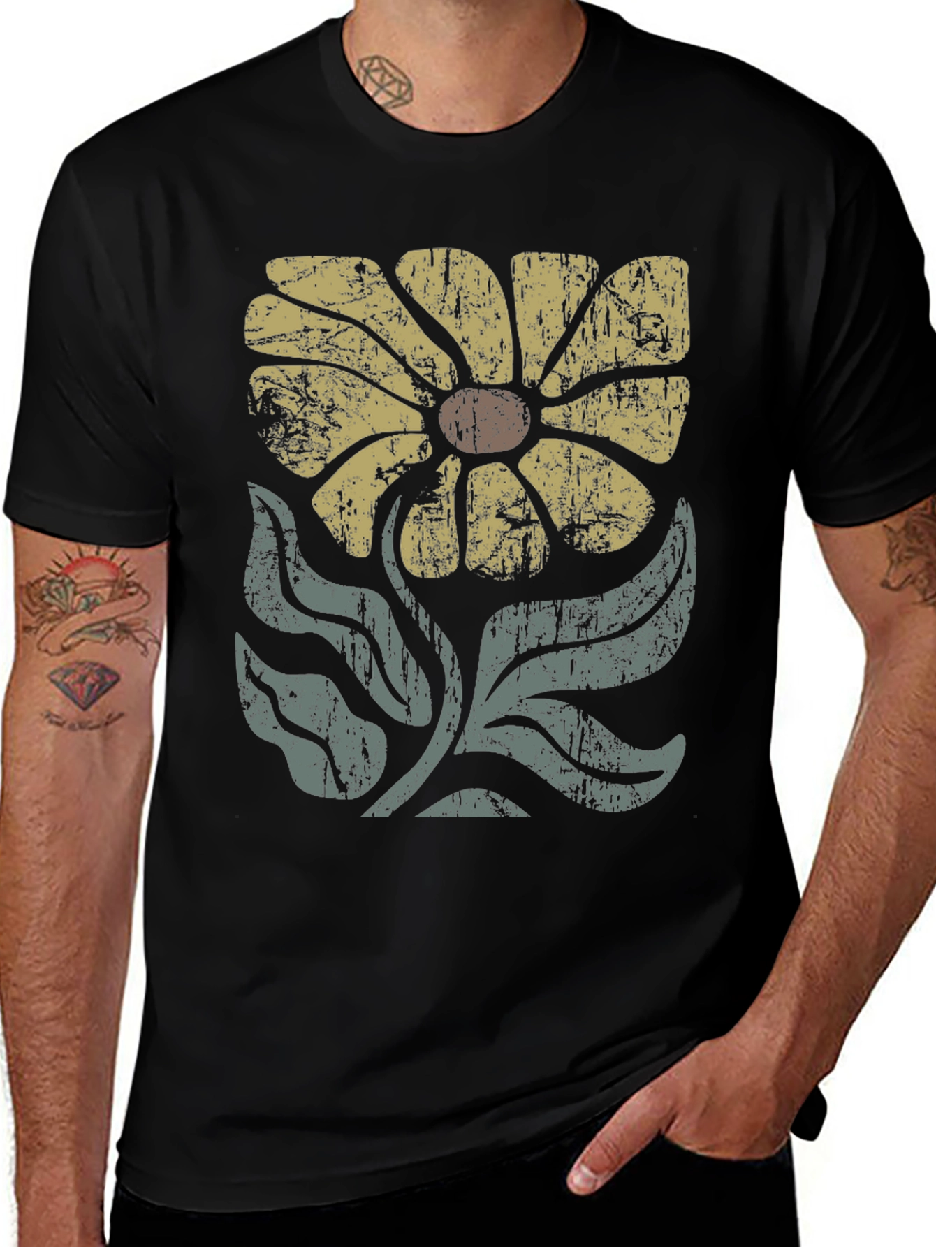 Retro Flower Graphic T-Shirt - Black