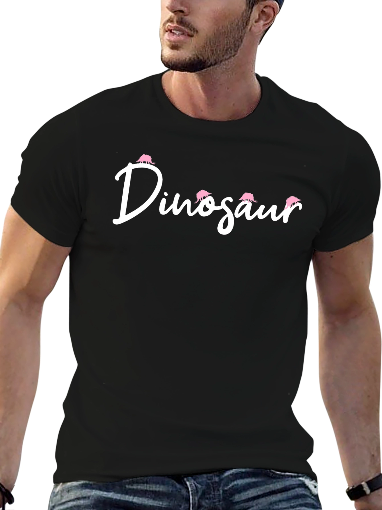 Dinosaur Pink Stegosaurus Black Cotton Graphic T-Shirt