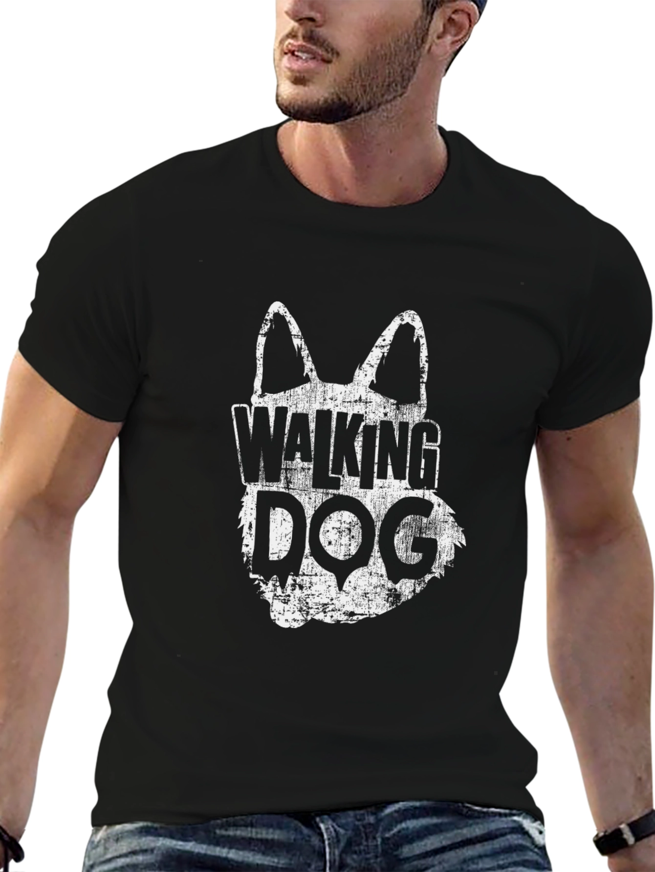 Walking Dog Graphic Tee - Distressed Print Casual Fit