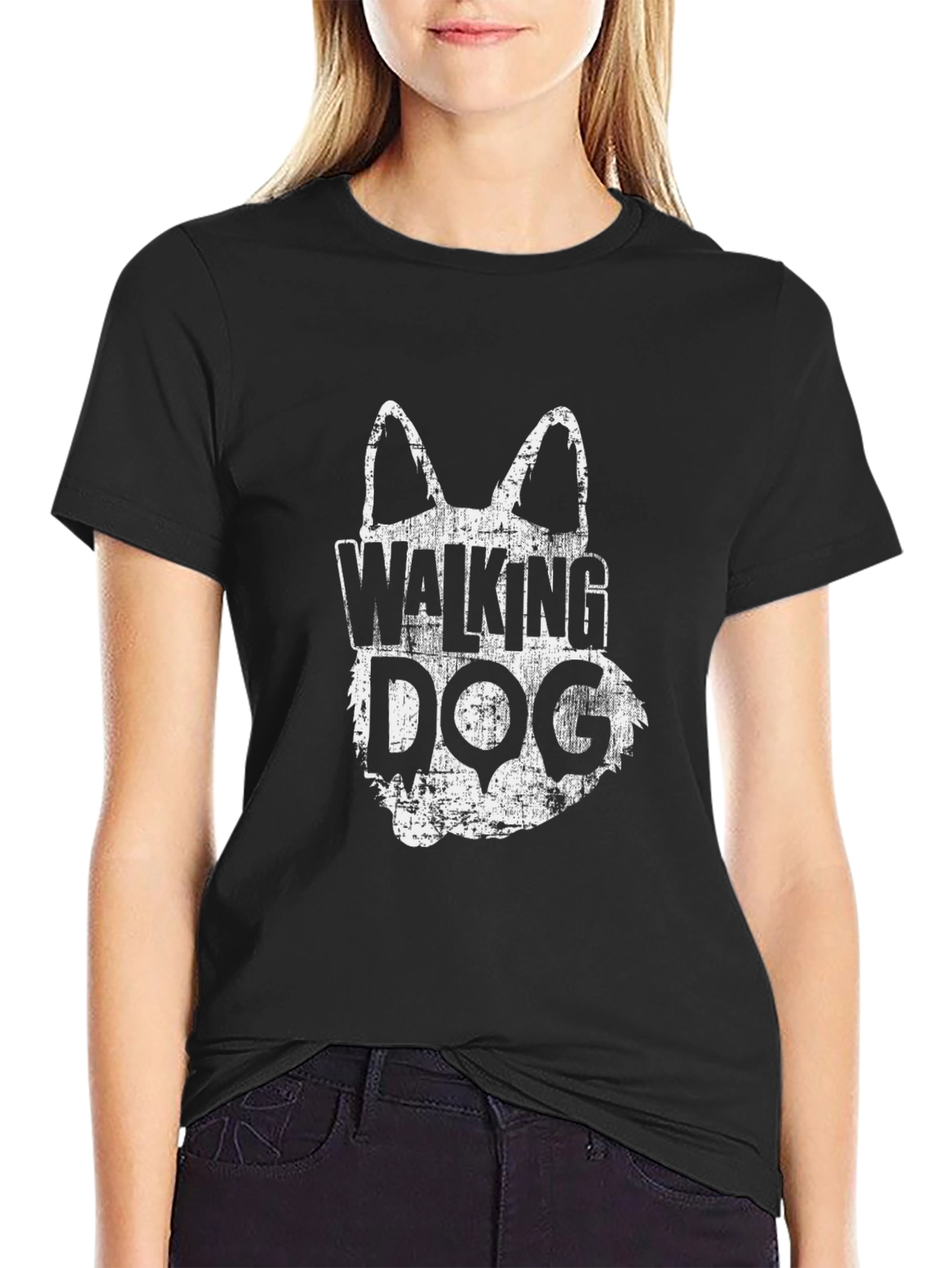 Walking Dog Graphic Tee - Distressed Print Casual Fit