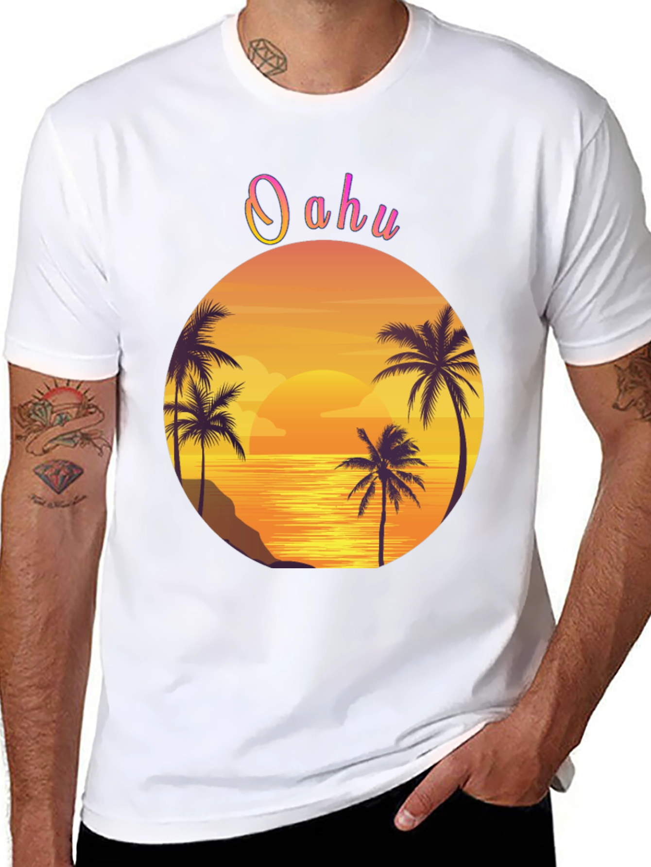 Oahu Sunset Palm Tree Graphic Tee - Black