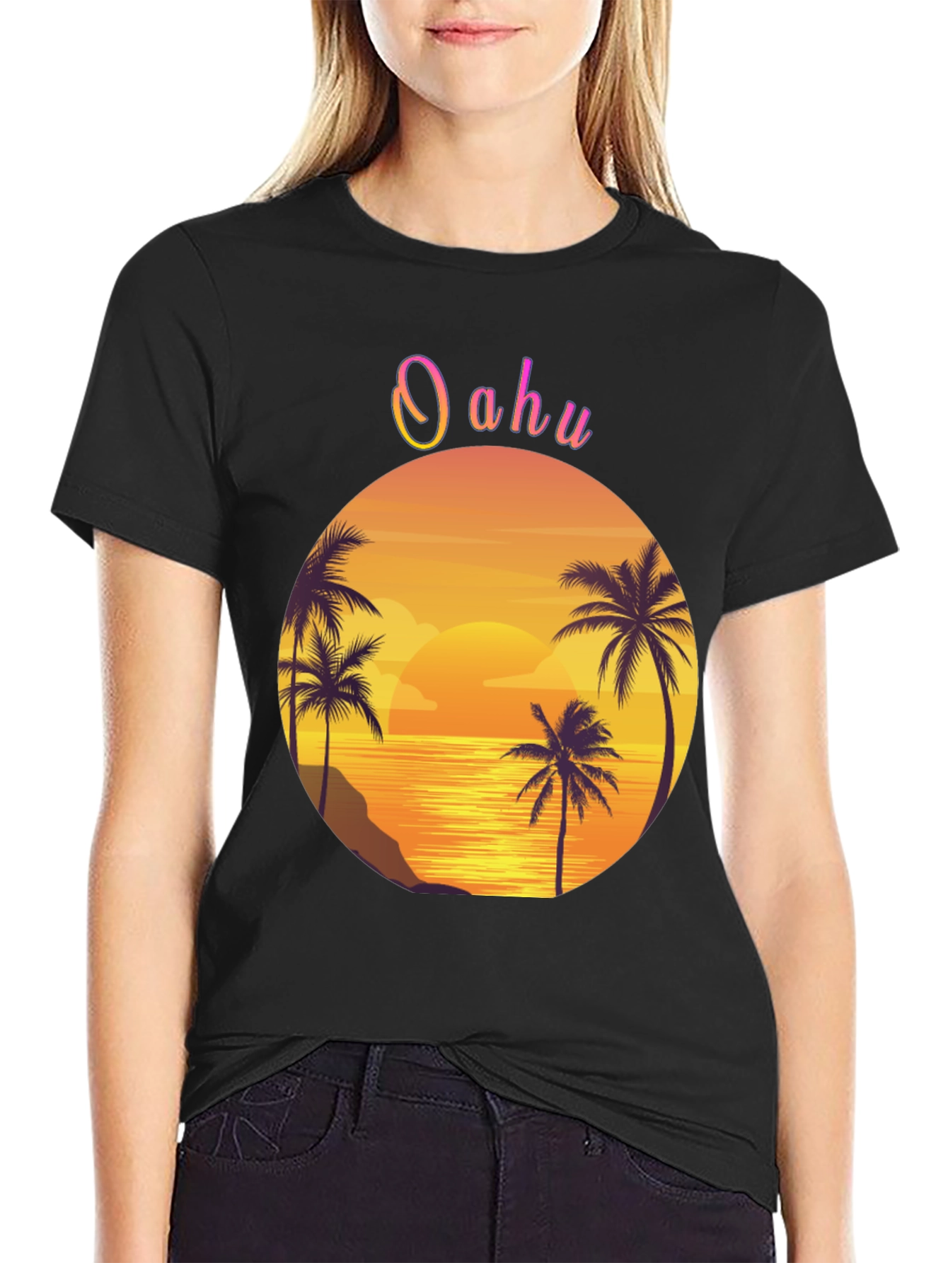 Oahu Sunset Palm Tree Graphic Tee - Black