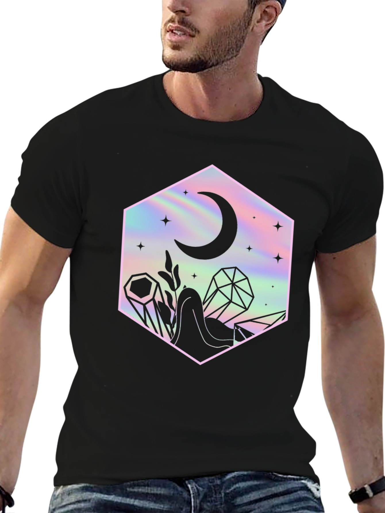 Mystic Moon Black T-Shirt - Holographic Design