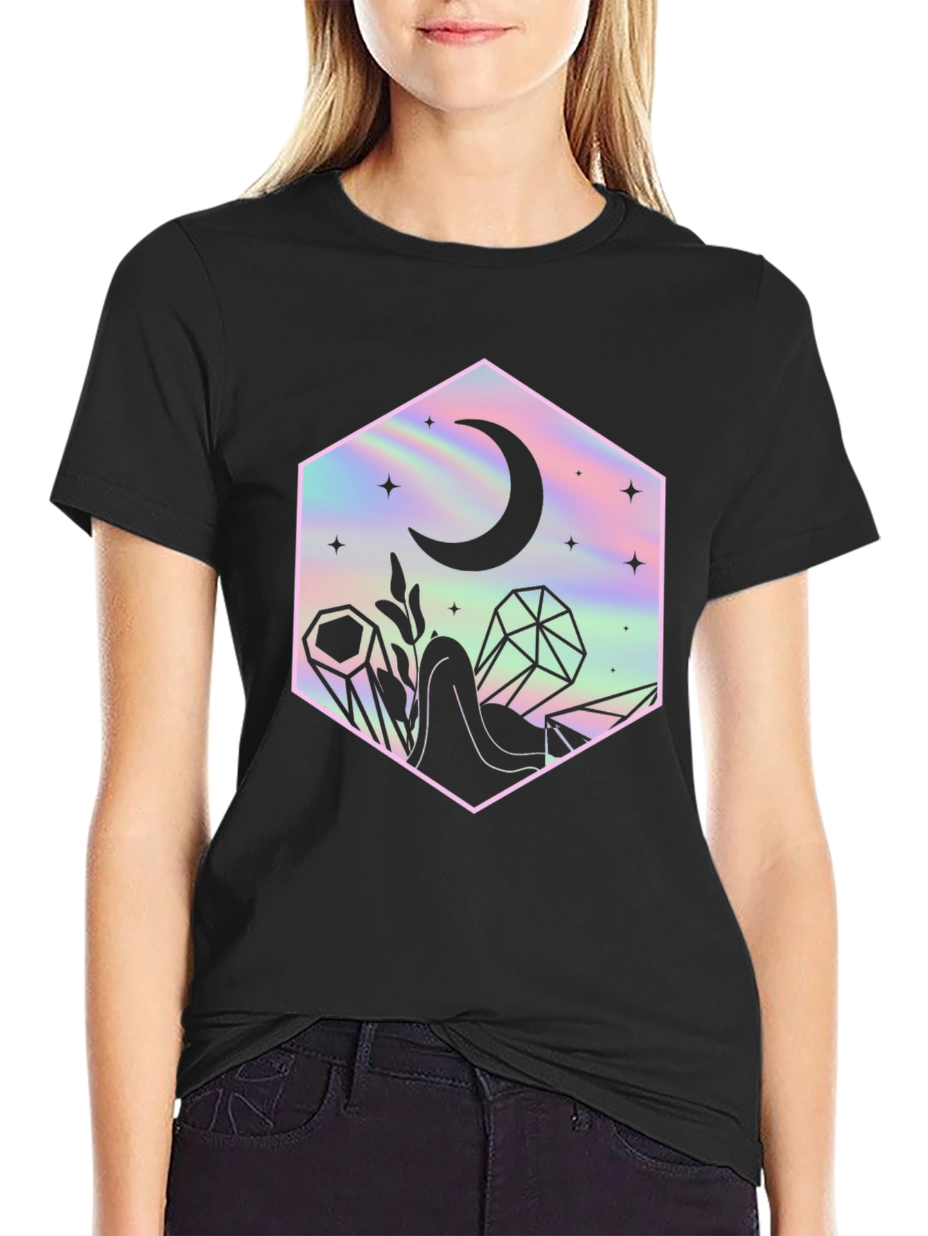Mystic Moon Black T-Shirt - Holographic Design
