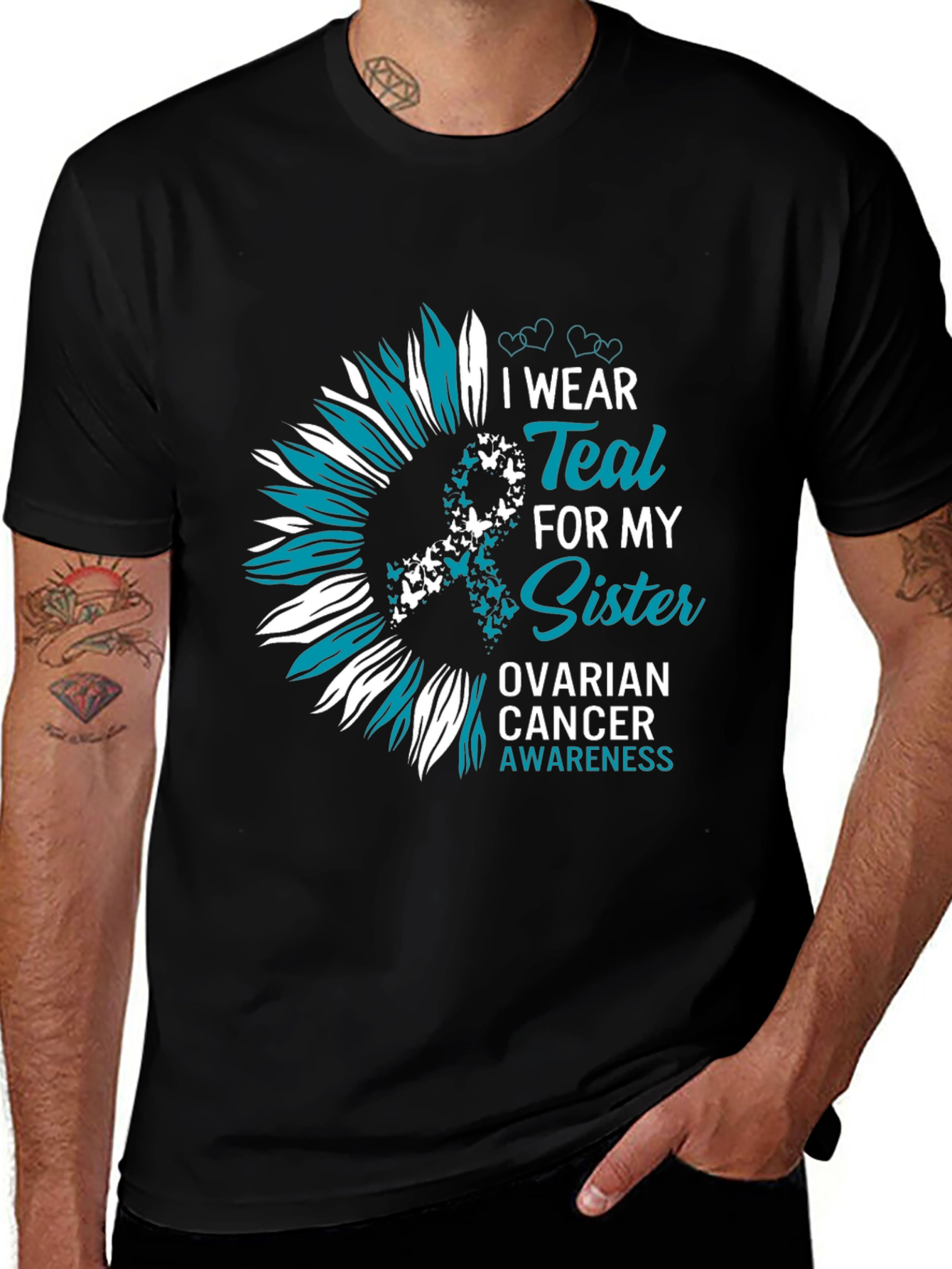 Teal Sister Ovarian Cancer Awareness Sunflower T-Shirt