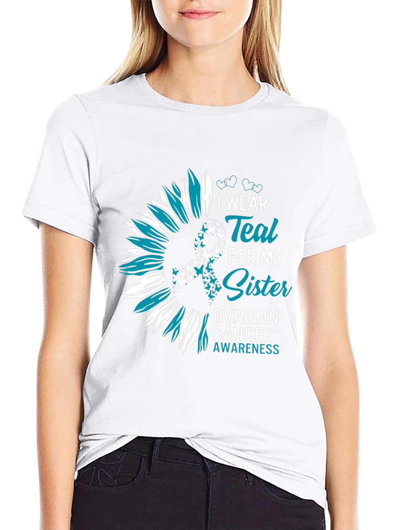 Teal Sister Ovarian Cancer Awareness Sunflower T-Shirt