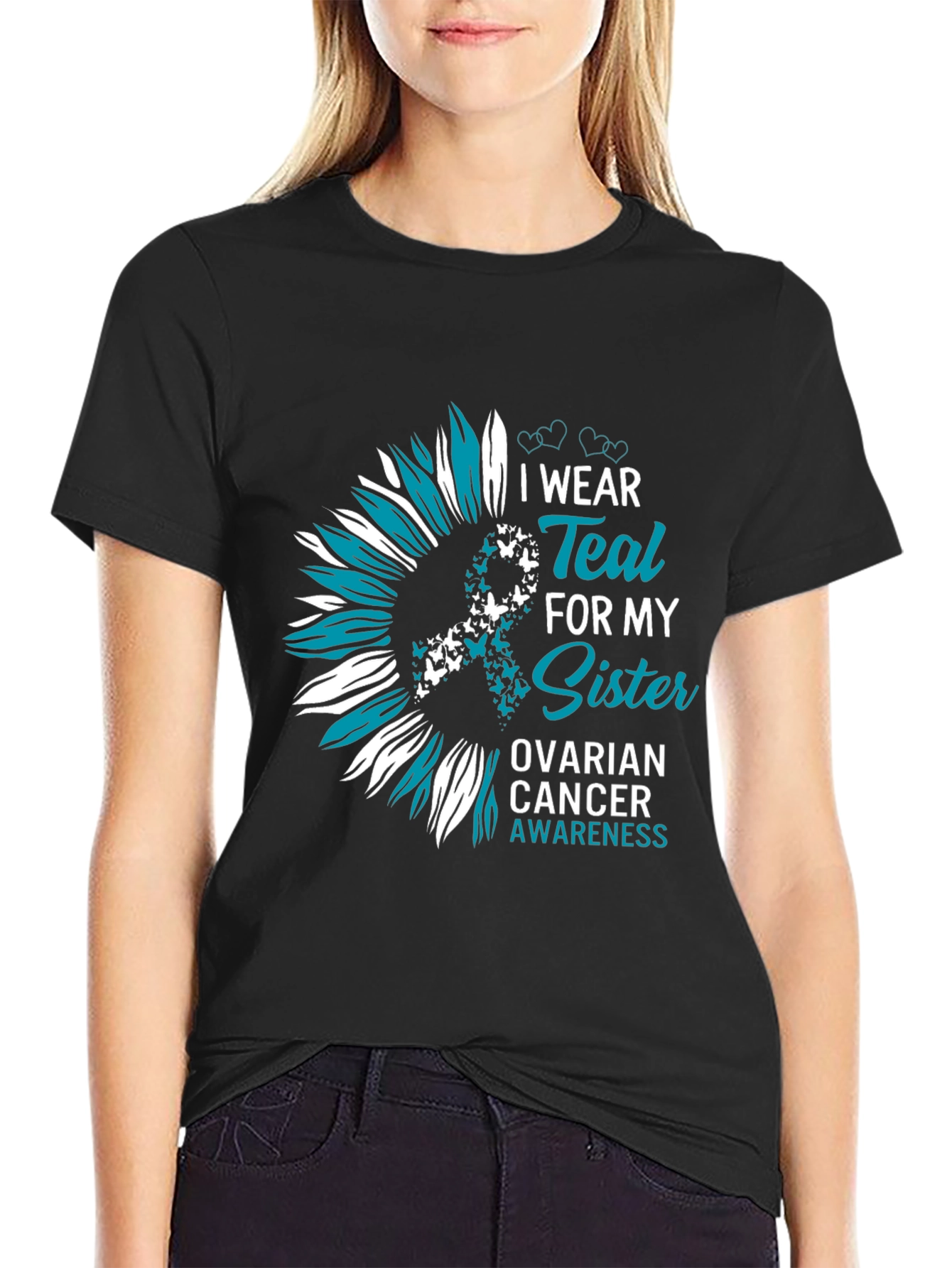 Teal Sister Ovarian Cancer Awareness Sunflower T-Shirt