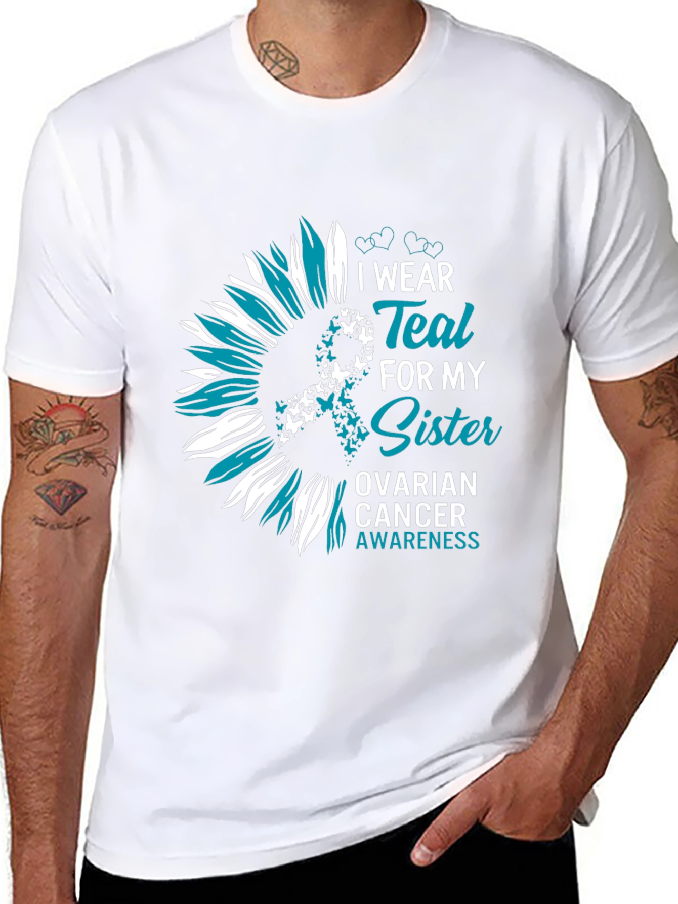Teal Sister Ovarian Cancer Awareness Sunflower T-Shirt