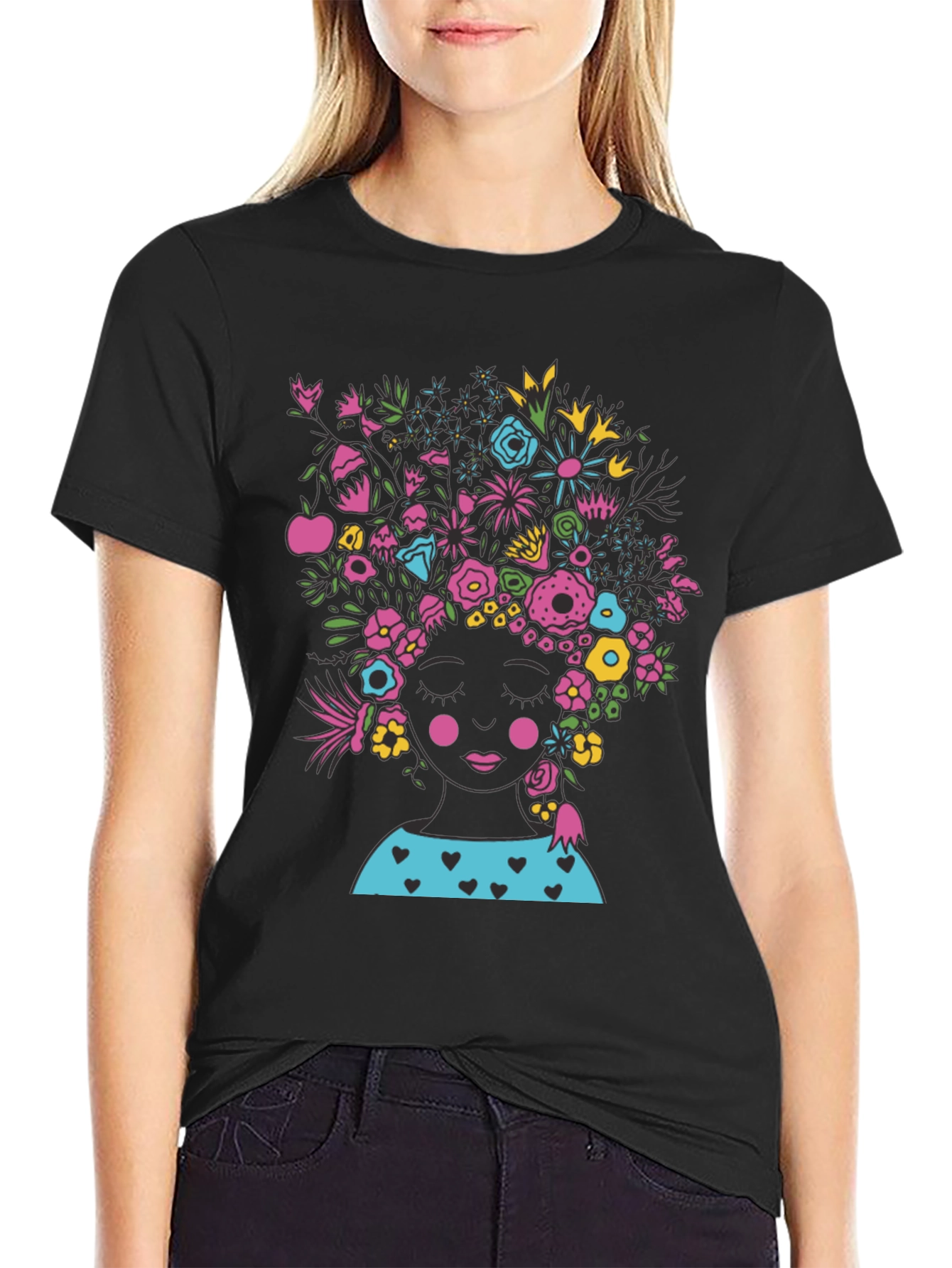 Floral Head Black Tee - Stylish Graphic T-Shirt
