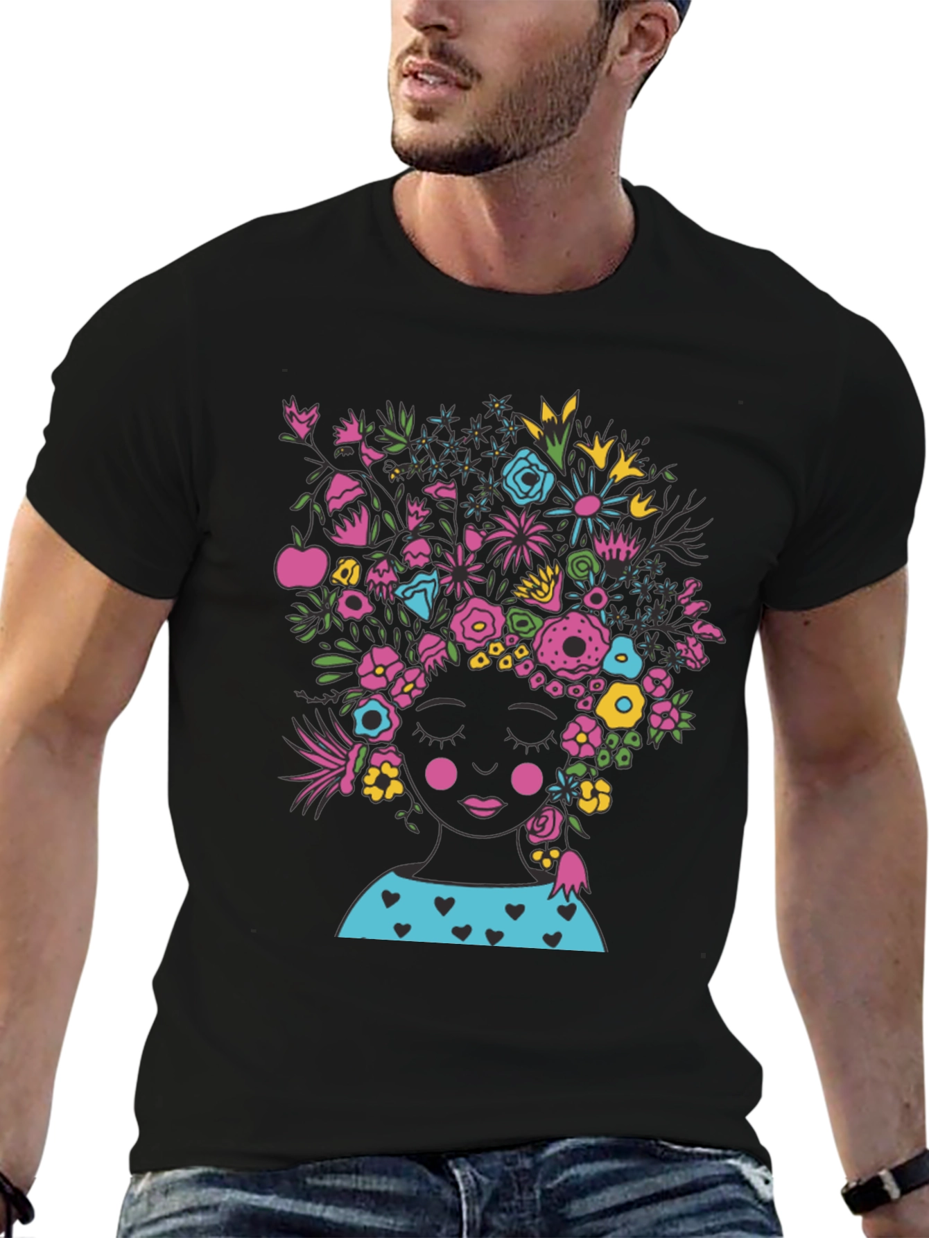 Floral Head Black Tee - Stylish Graphic T-Shirt