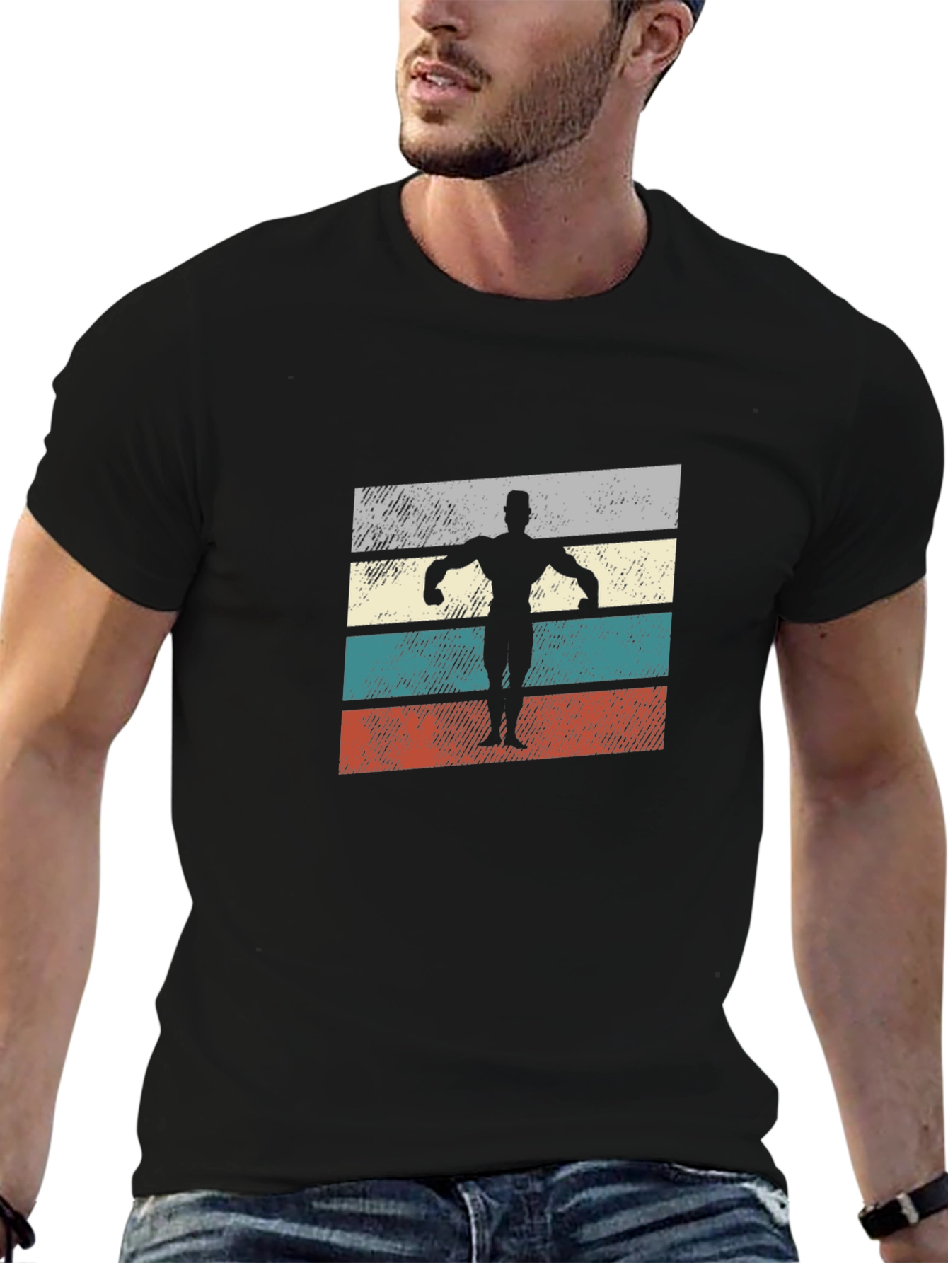 Retro Bodybuilder Graphic Tee - Black Cotton Shirt