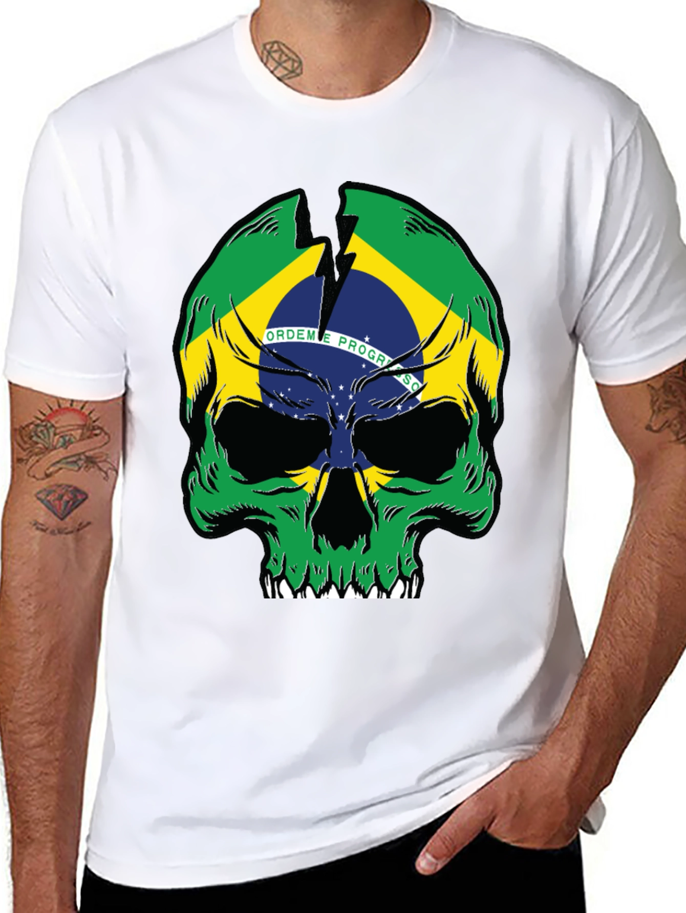 Brazil Flag Skull Graphic T-Shirt - Black