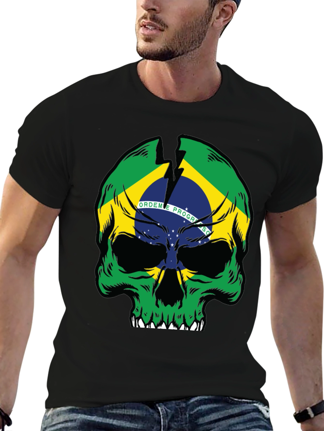 Brazil Flag Skull Graphic T-Shirt - Black