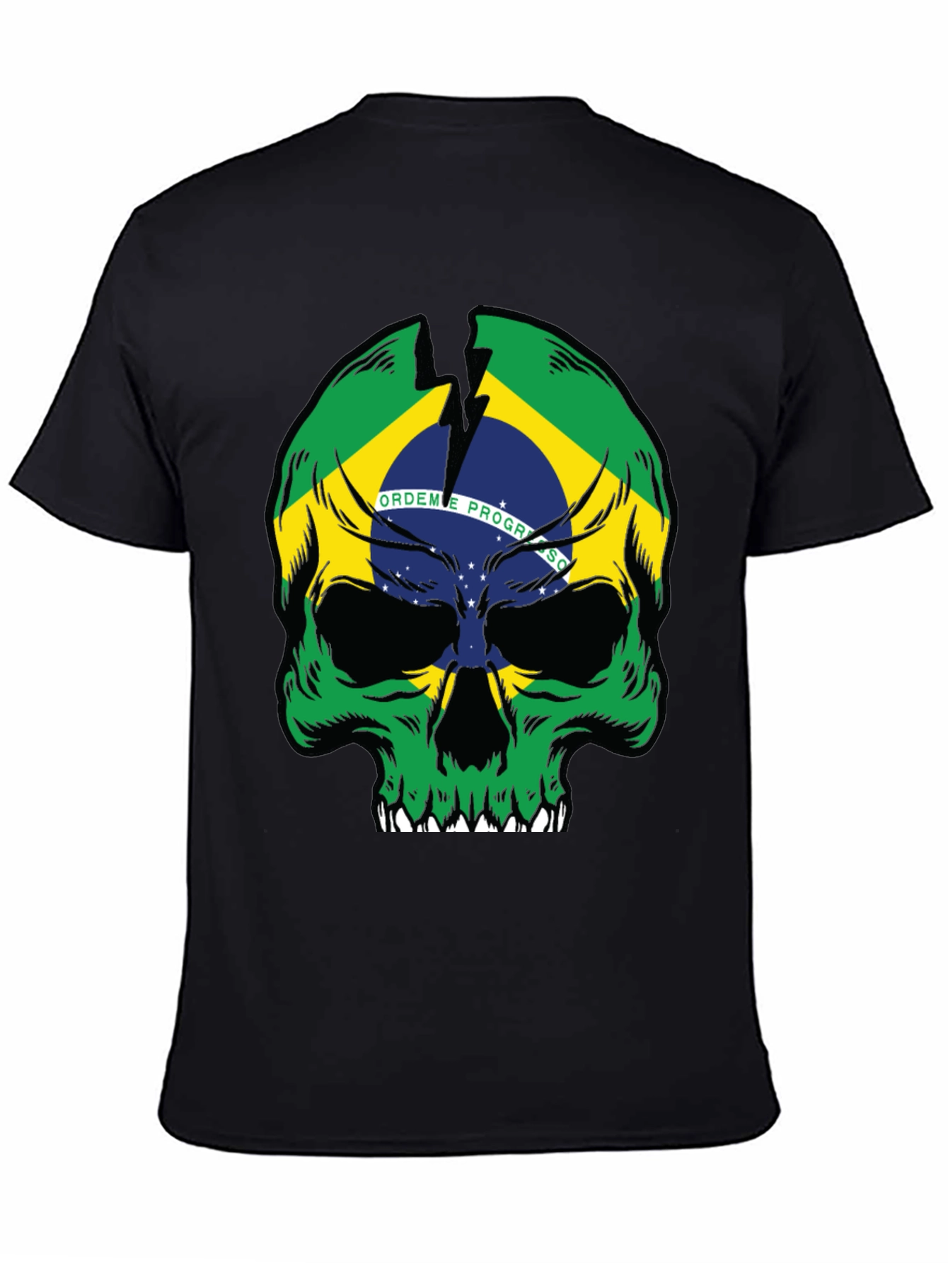Brazil Flag Skull Graphic T-Shirt - Black