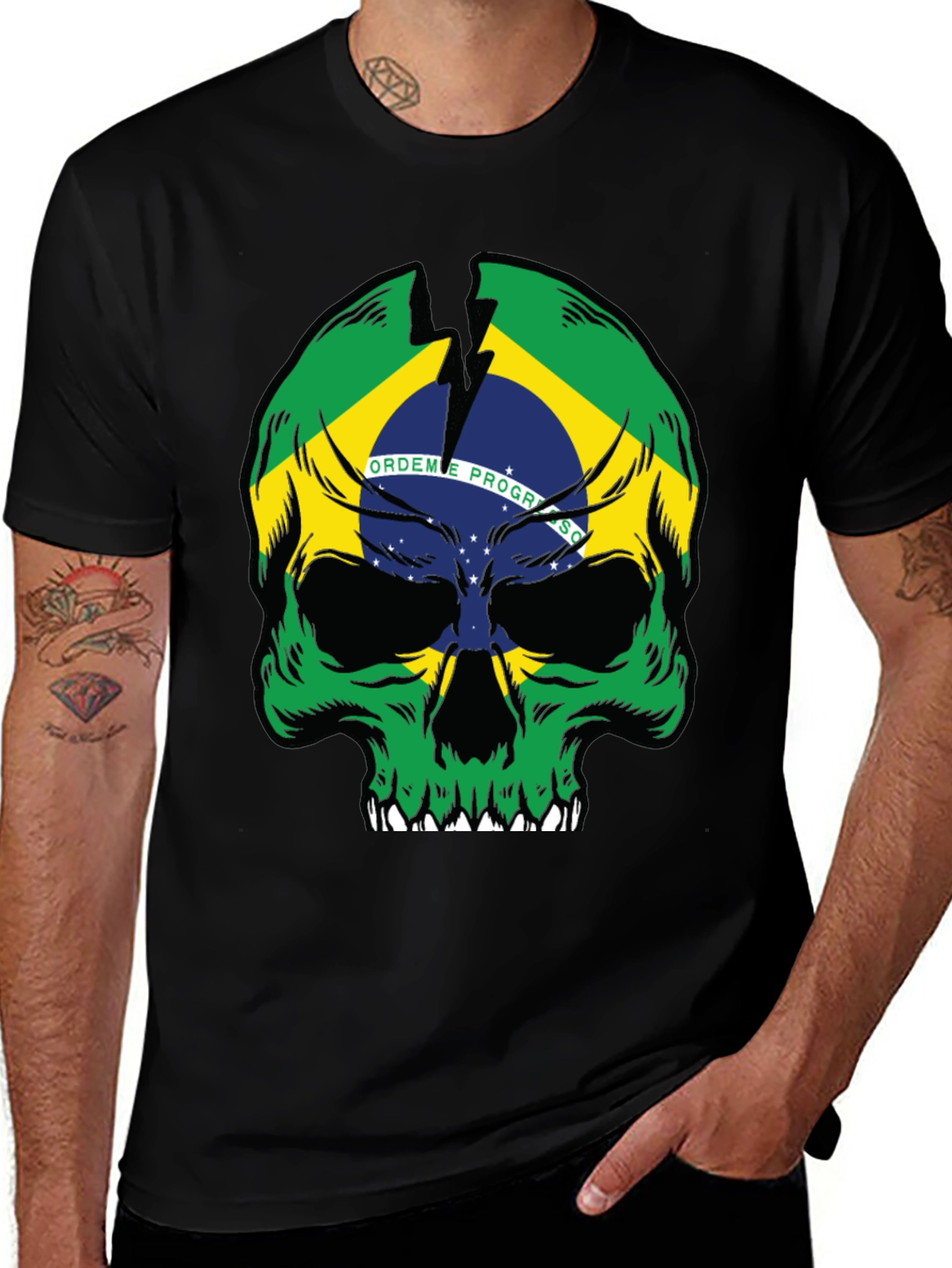 Brazil Flag Skull Graphic T-Shirt - Black