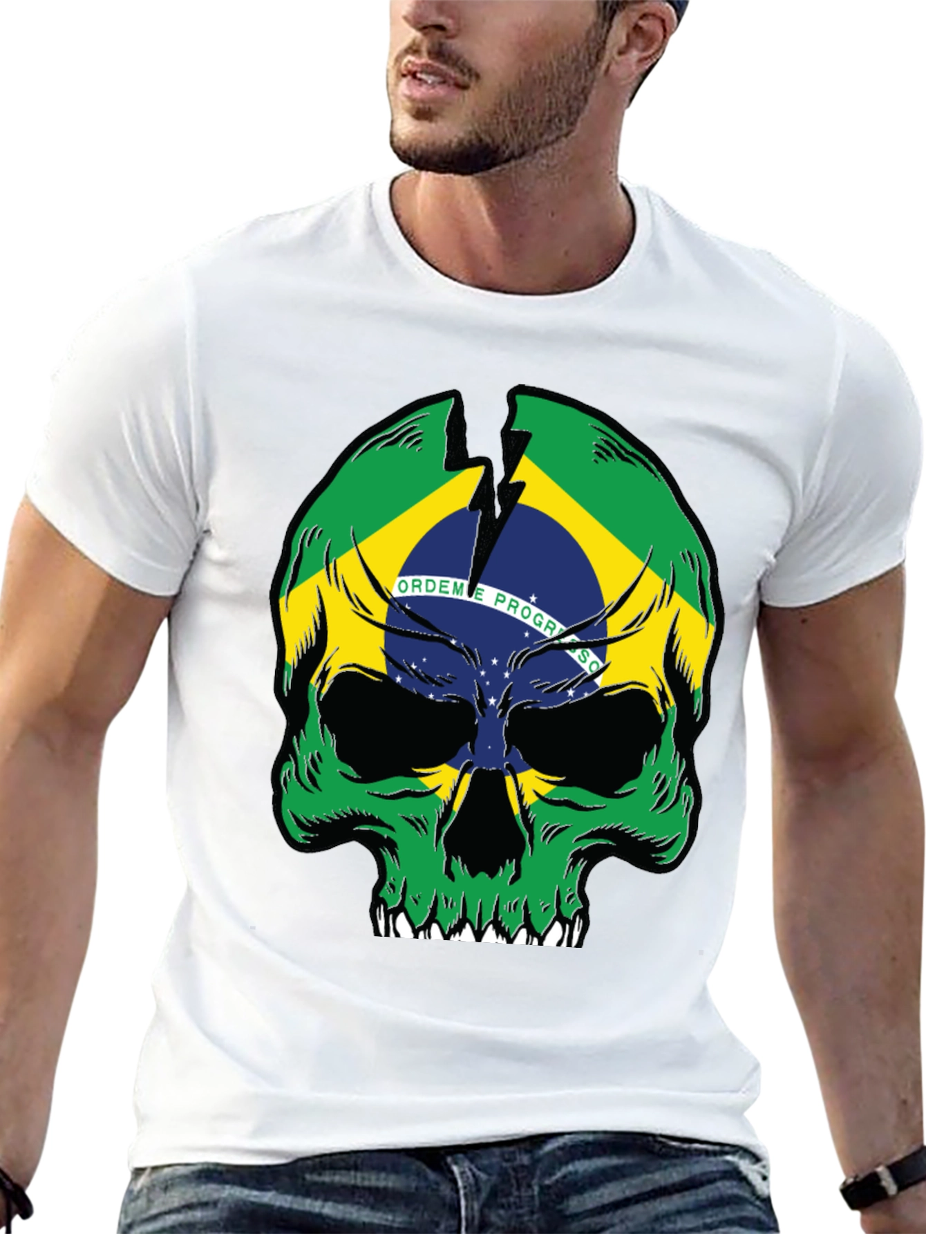 Brazil Flag Skull Graphic T-Shirt - Black