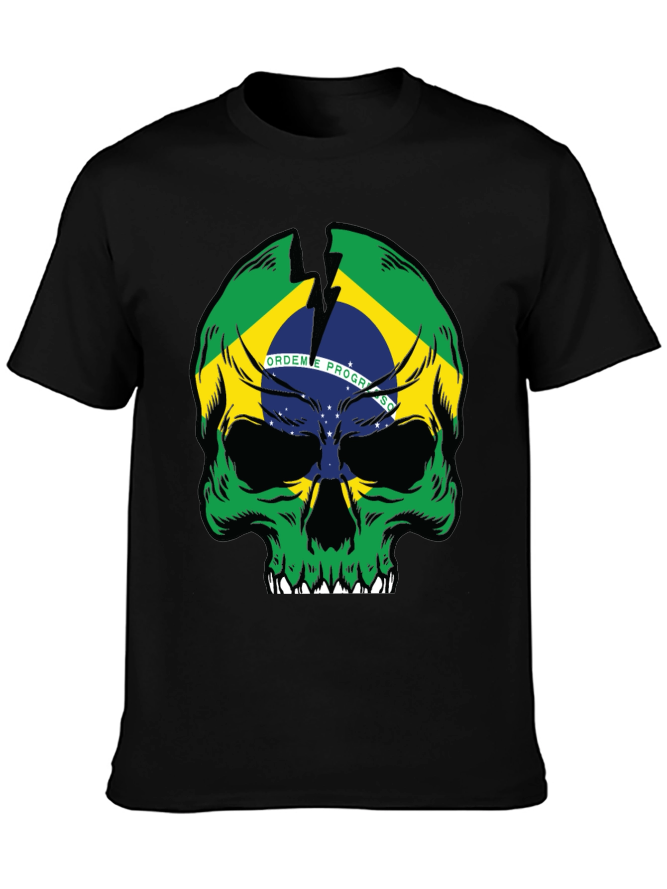 Brazil Flag Skull Graphic T-Shirt - Black