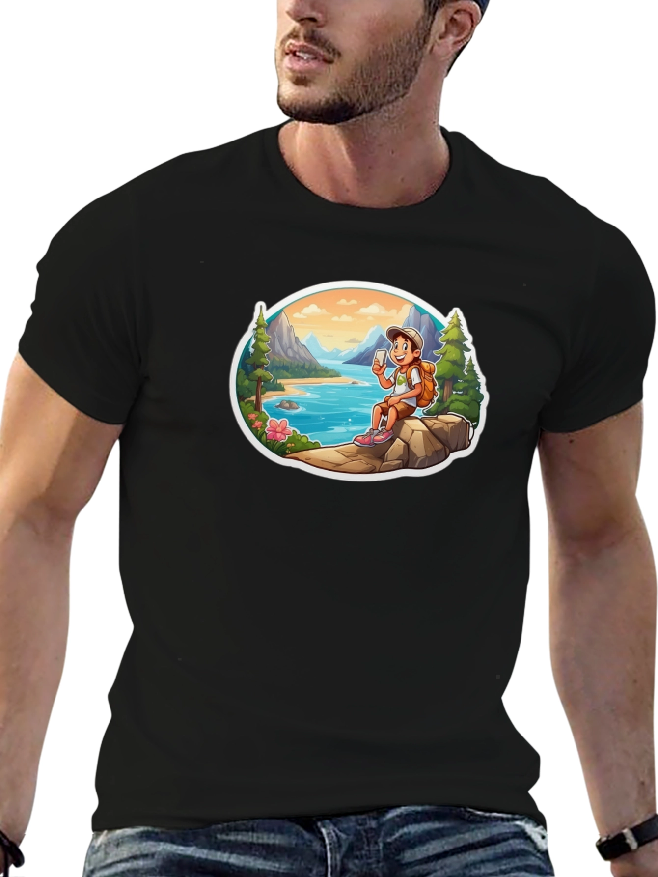 Cartoon Hiker Graphic Tee - Black T-Shirt