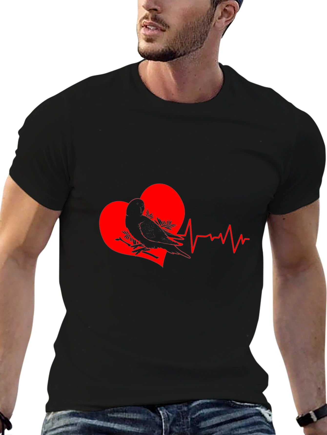 Heartbeat Bird Graphic Tee - Stylish Black T-Shirt