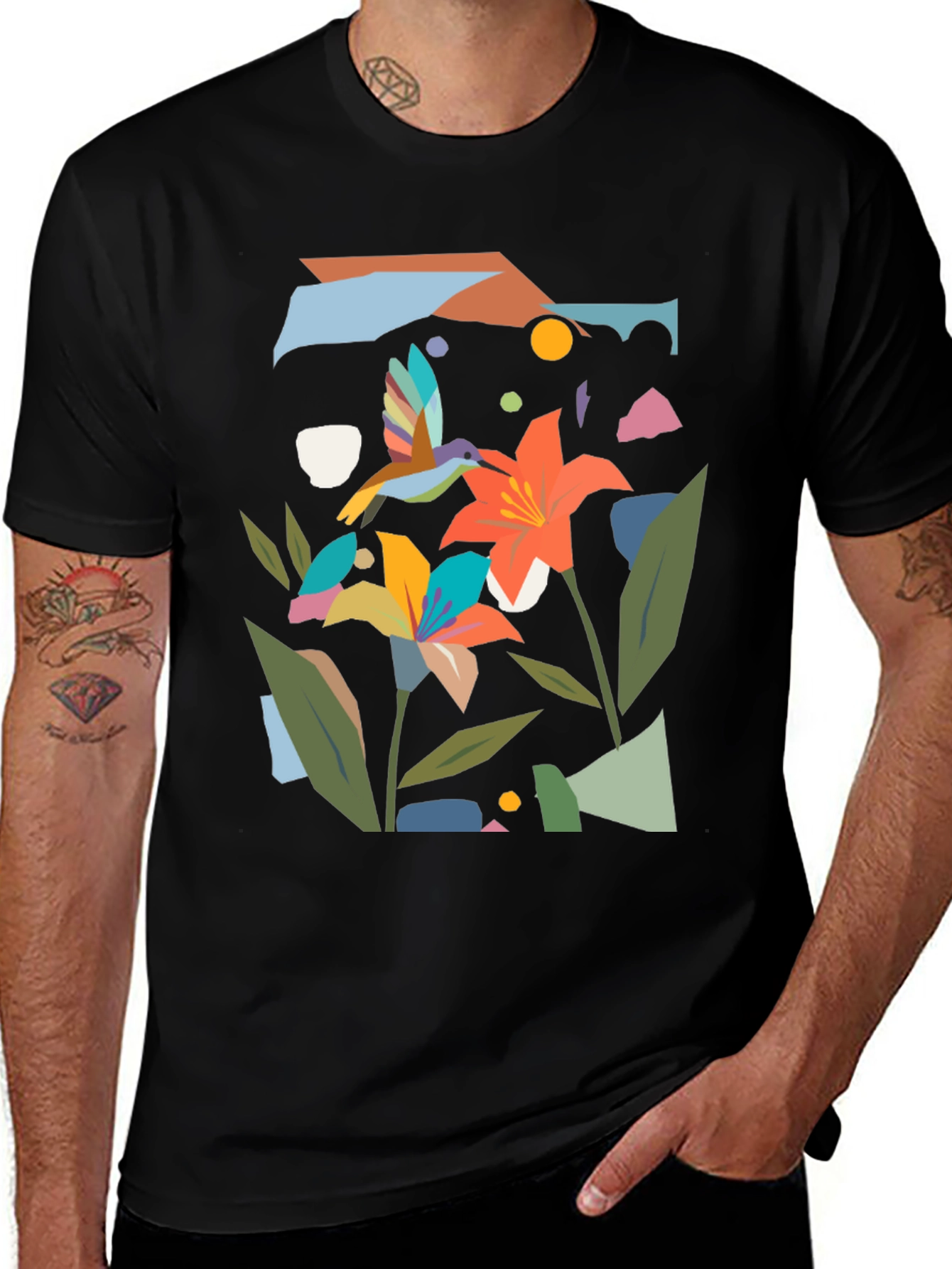 Abstract Floral & Hummingbird Black Graphic Tee