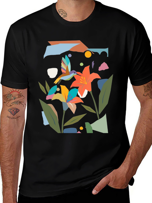 Abstract Floral & Hummingbird Black Graphic Tee