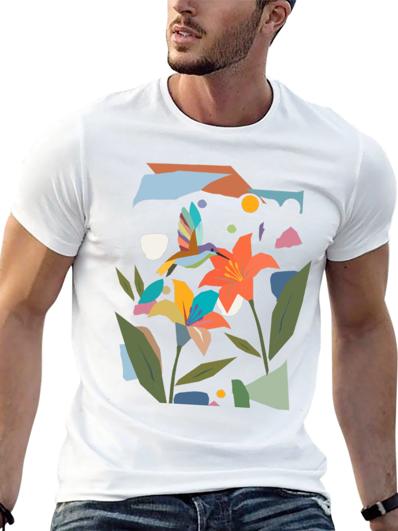 Abstract Floral & Hummingbird Black Graphic Tee