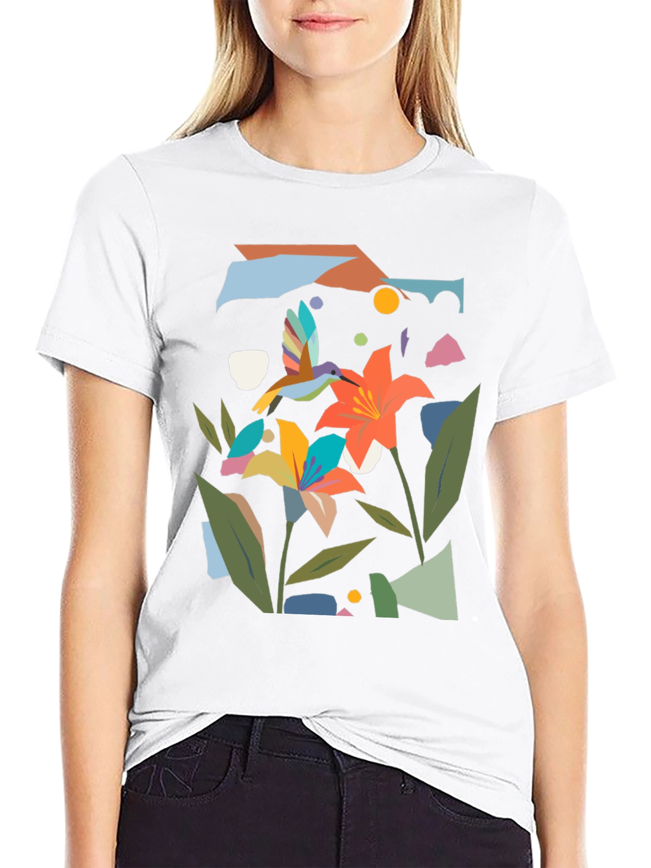 Abstract Floral & Hummingbird Black Graphic Tee