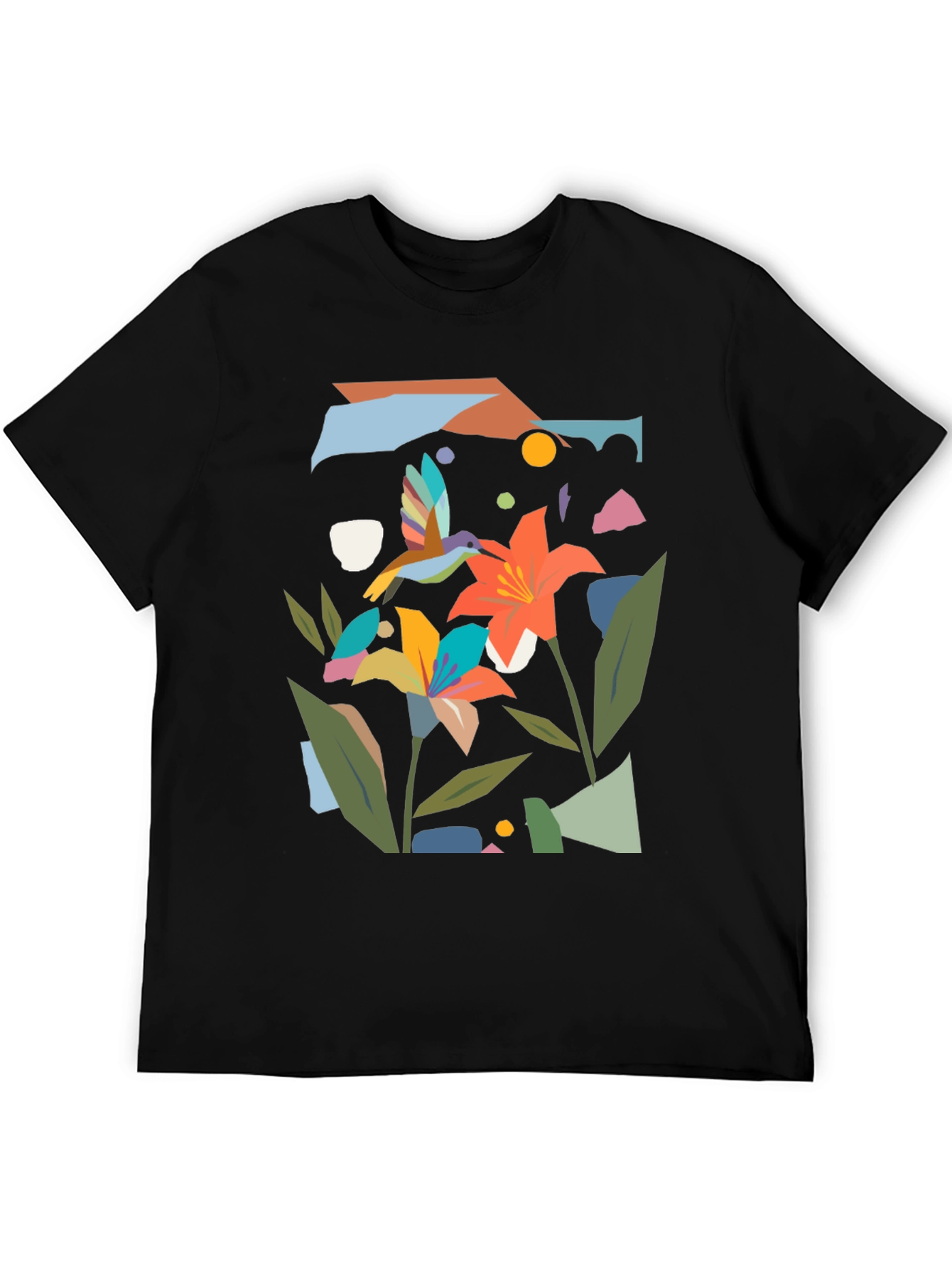 Abstract Floral & Hummingbird Black Graphic Tee