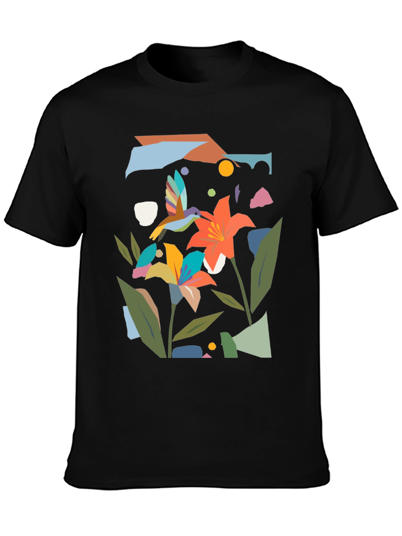 Abstract Floral & Hummingbird Black Graphic Tee