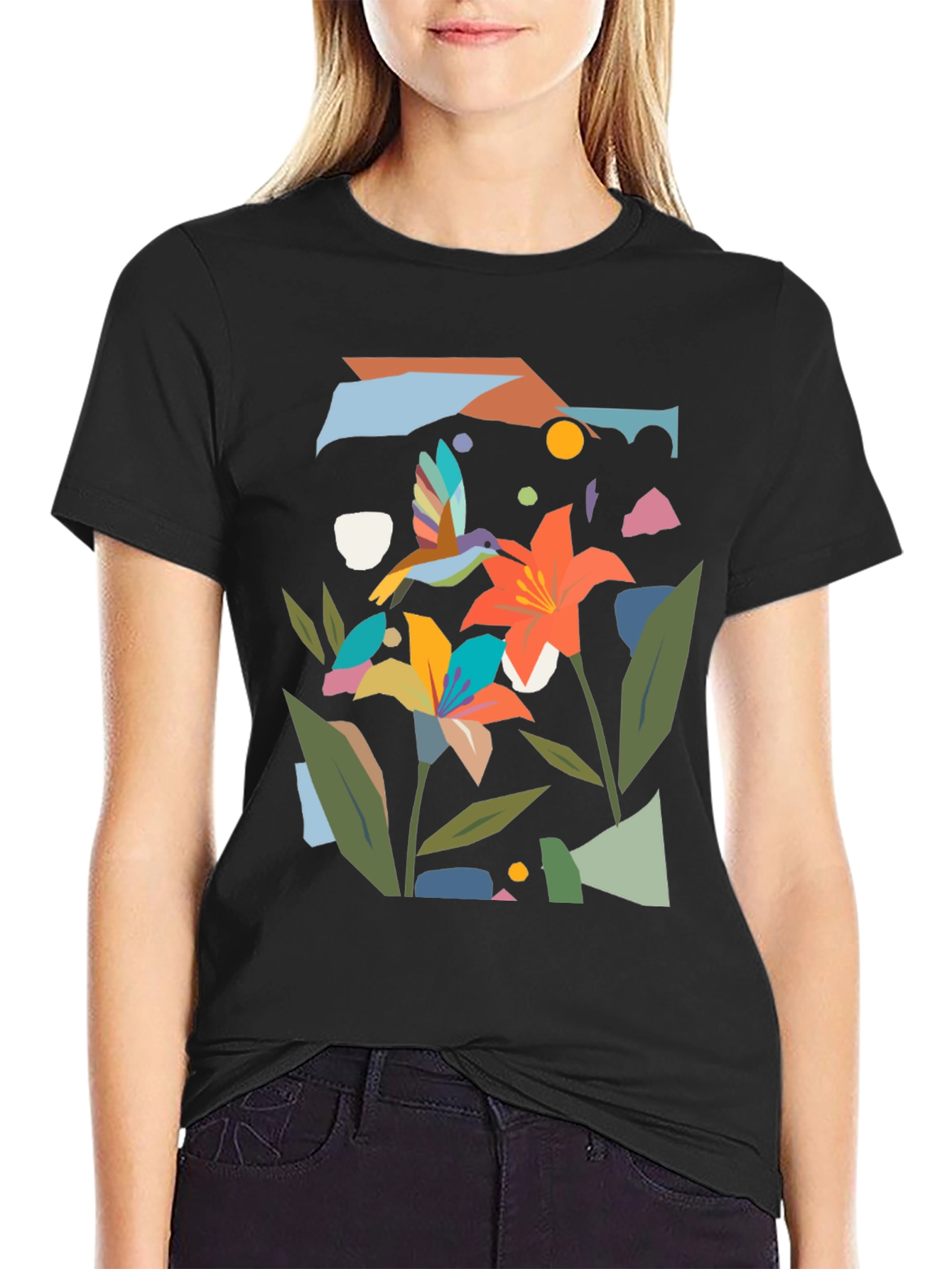 Abstract Floral & Hummingbird Black Graphic Tee