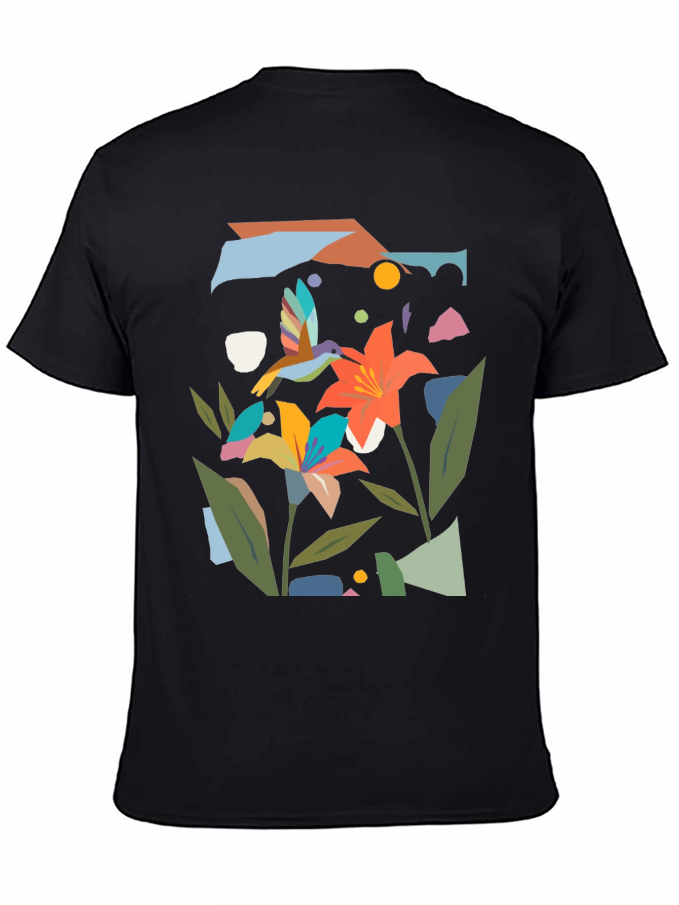 Abstract Floral & Hummingbird Black Graphic Tee