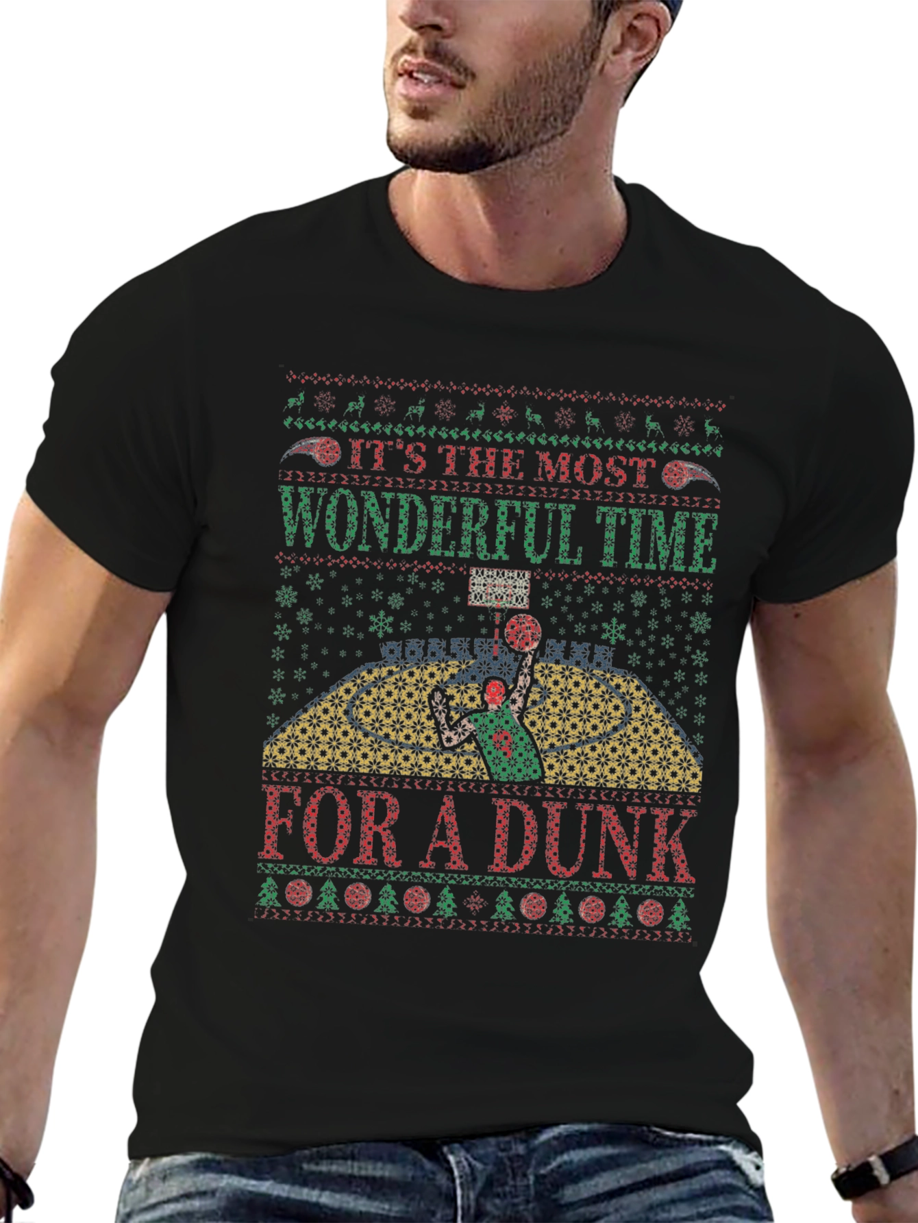 Festive Basketball Dunk Ugly Christmas T-Shirt