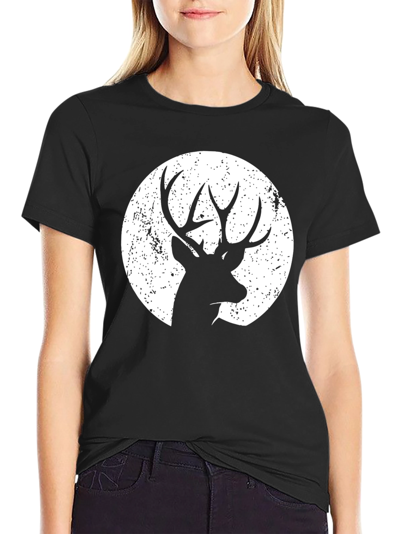 Deer Silhouette Graphic Tee - Black Cotton Blend
