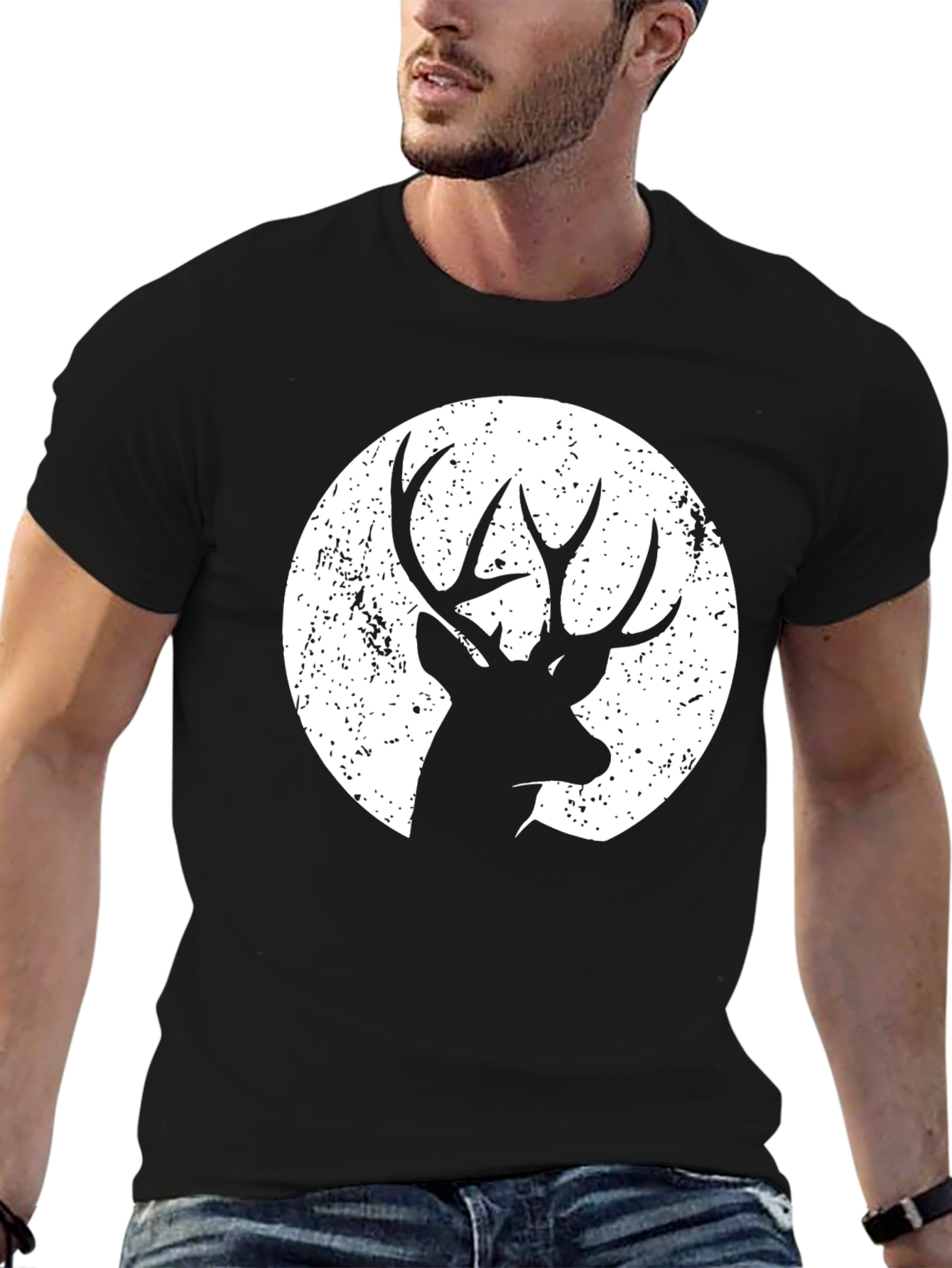 Deer Silhouette Graphic Tee - Black Cotton Blend