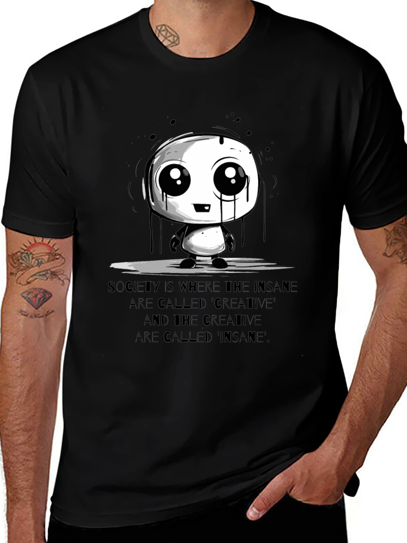 Mens Black Graphic Tee - Creative Insane Design