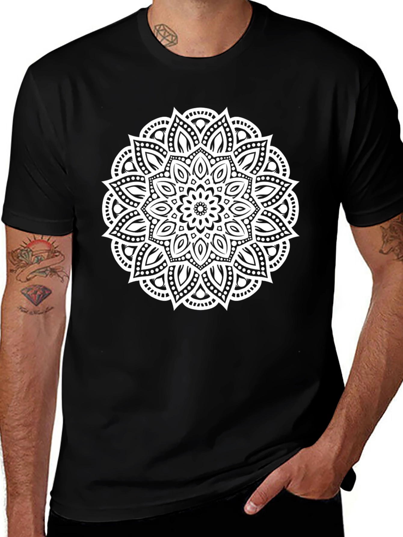 Black T-Shirt with White Mandala Design